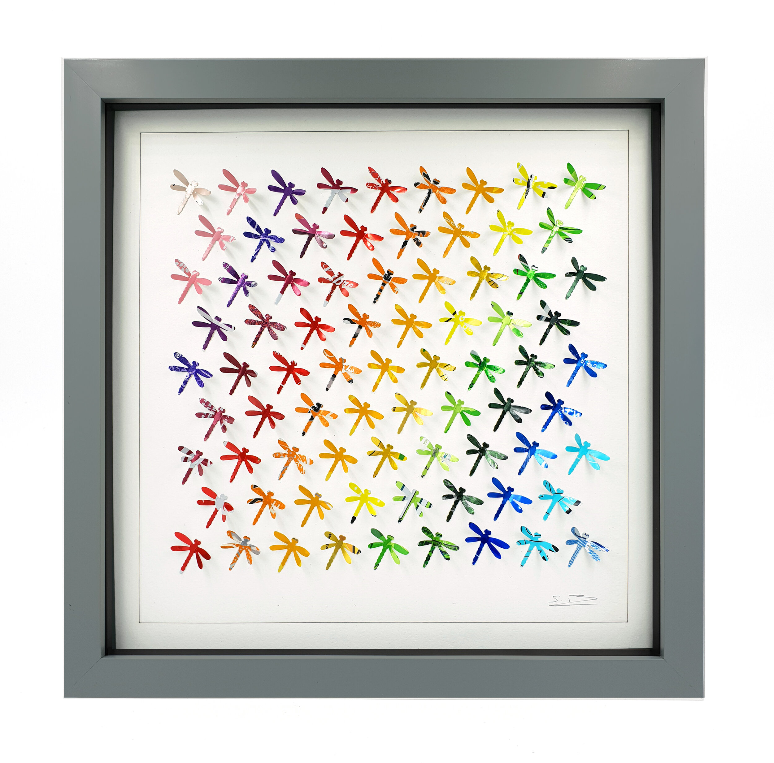 Rainbow Dragonflies colourful eco friendly tin can art  grey frame