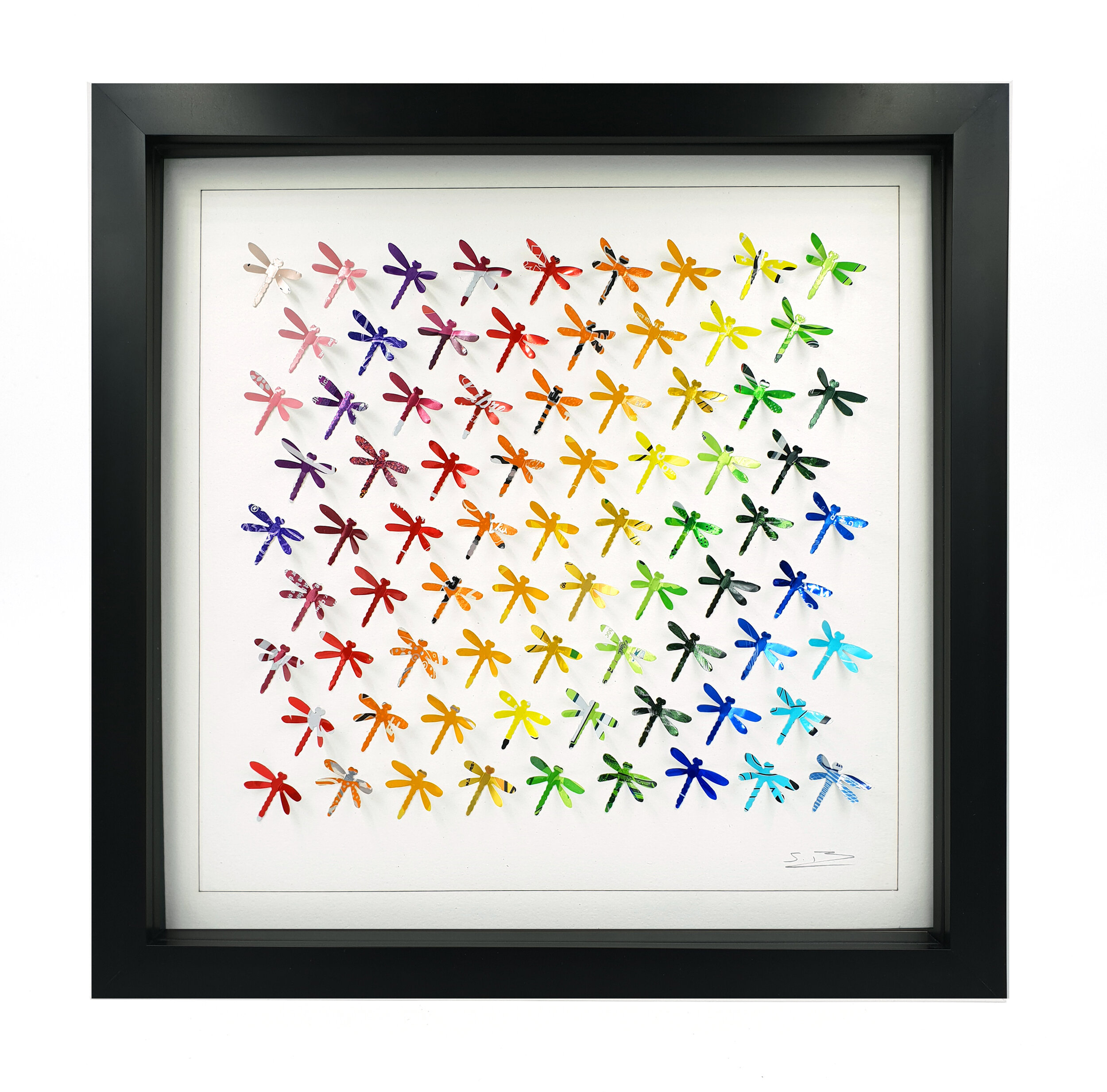 Rainbow Dragonflies colourful eco friendly tin can art black frame 