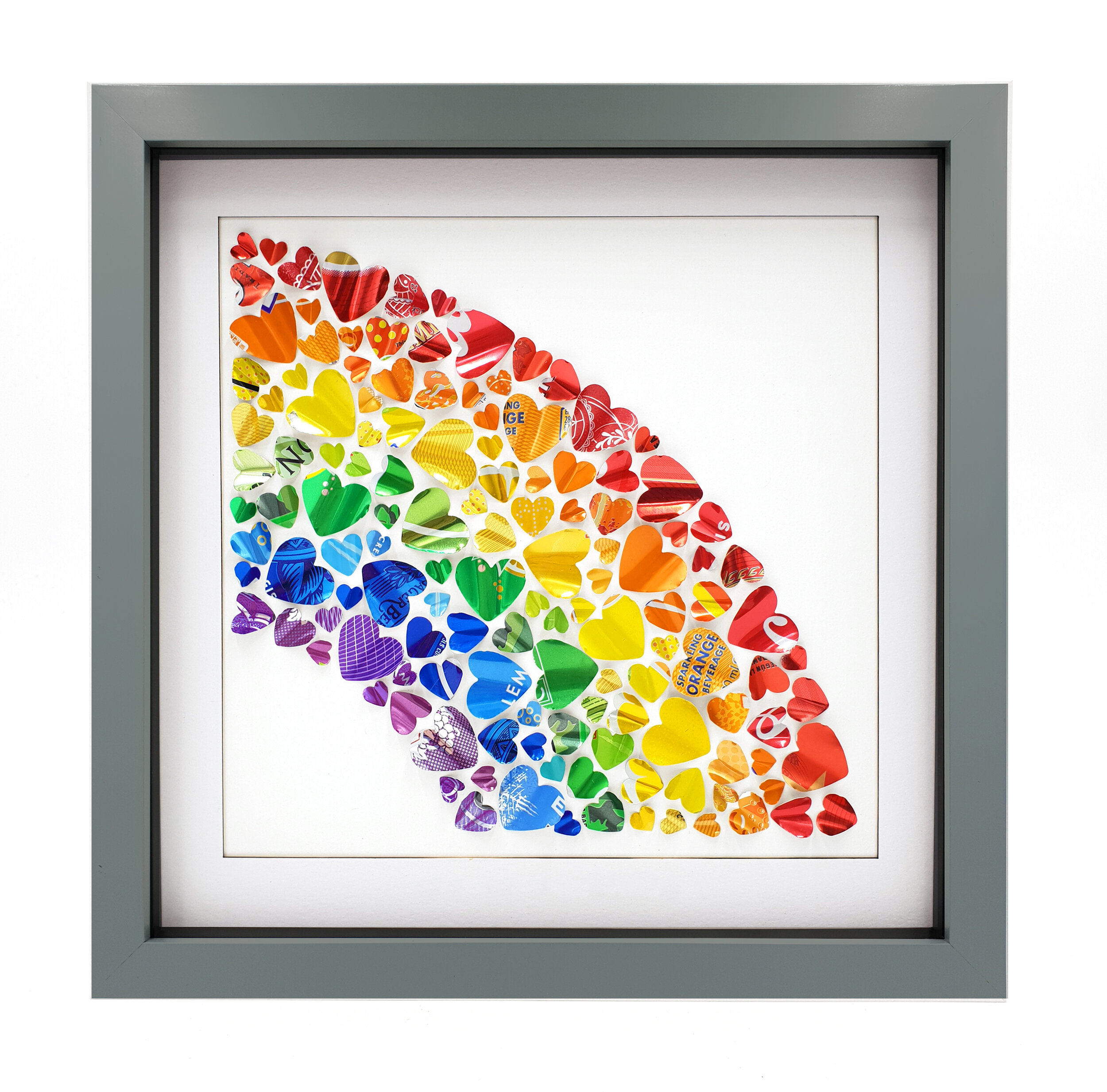 Over the Rainbow upcycled can colourful heart pattern grey frame