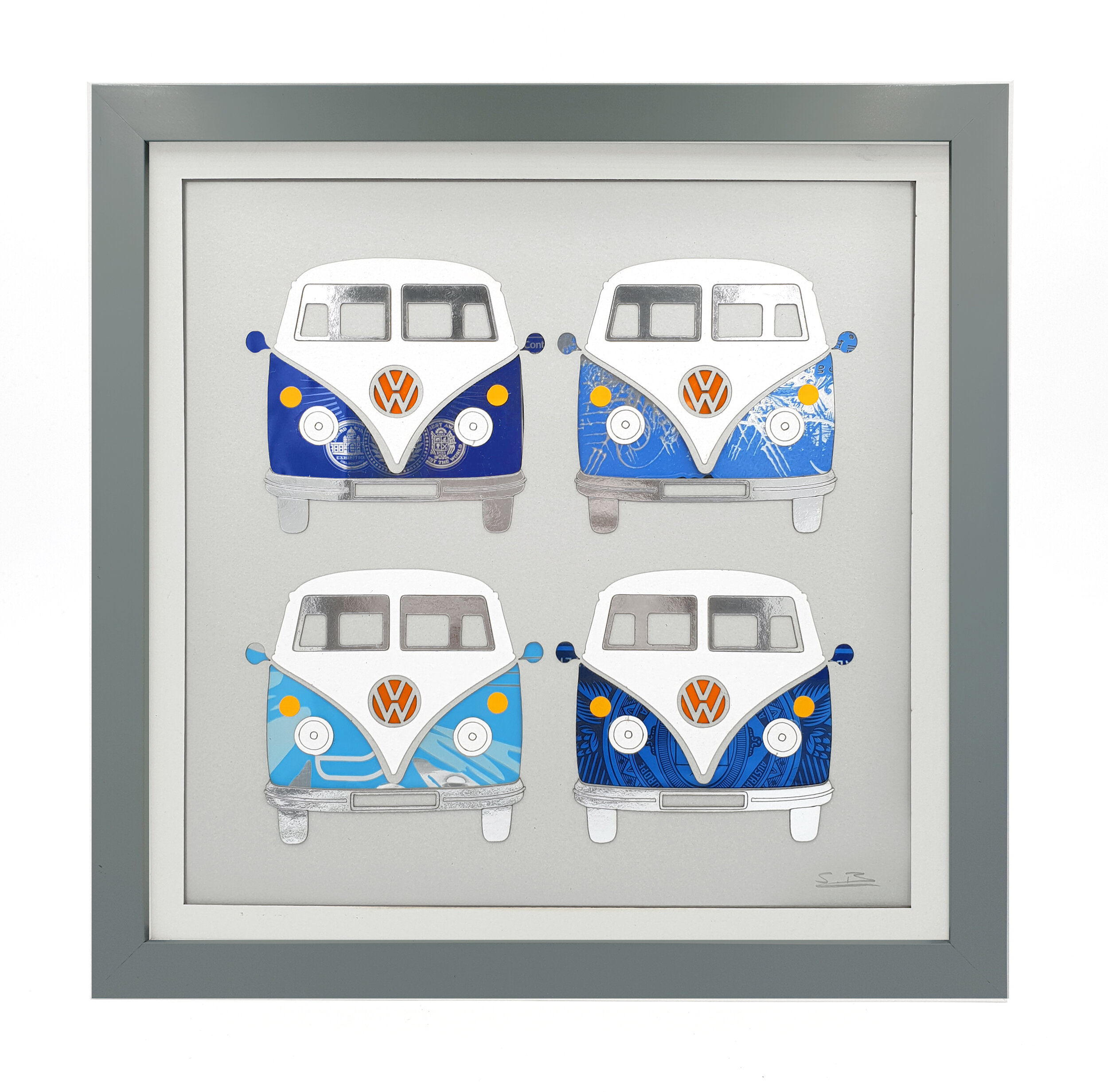 Blue VW Campers sustainable wall decoration grey