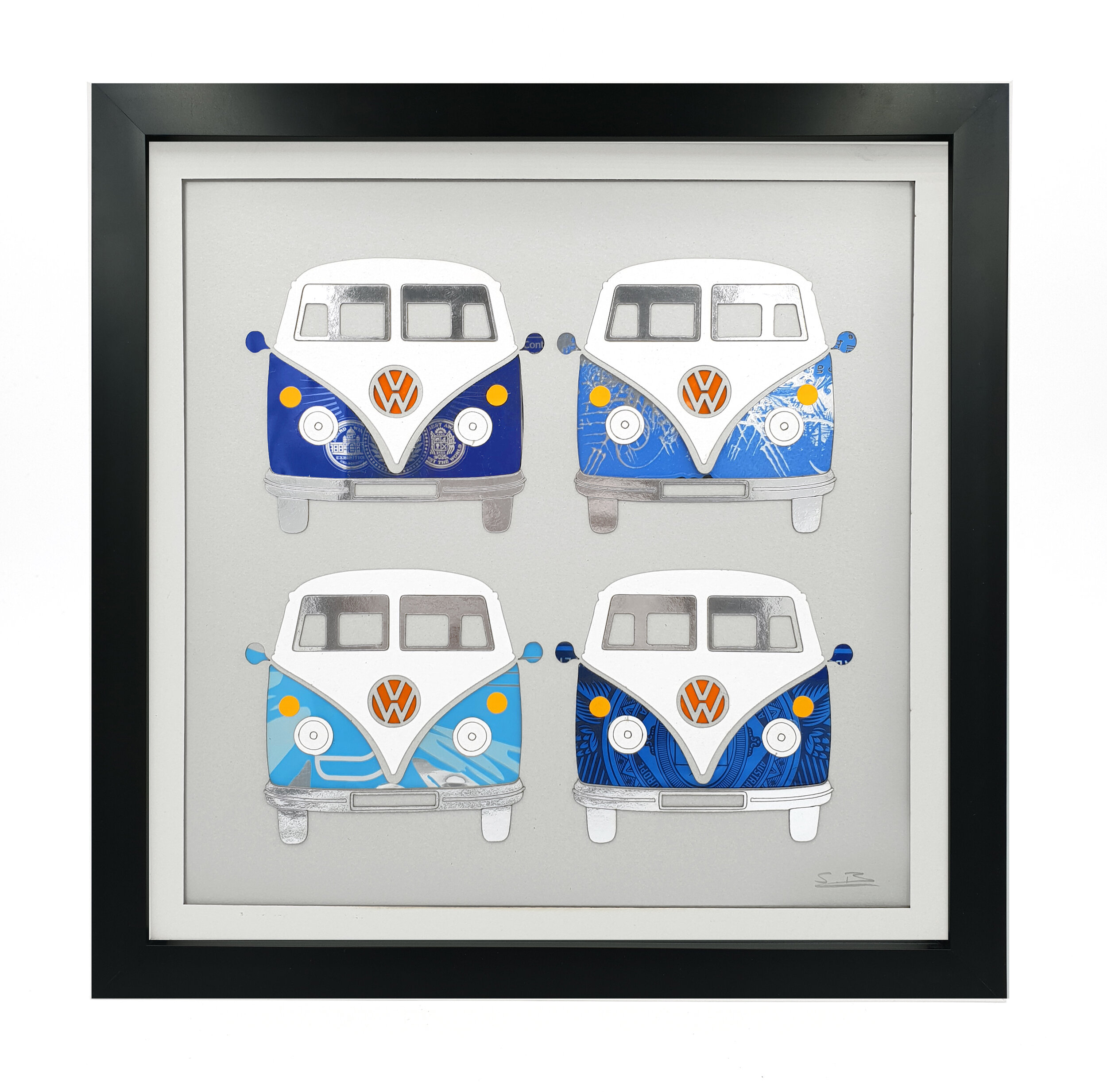 Blue VW Campers sustainable wall decoration black frame