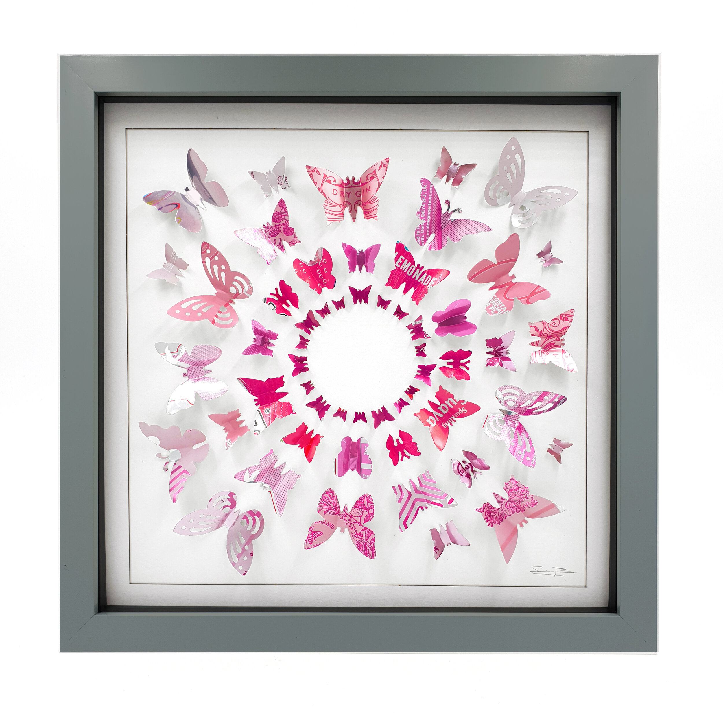 Pink Butterfly gradient Circle hand made from beverage cans grey frame