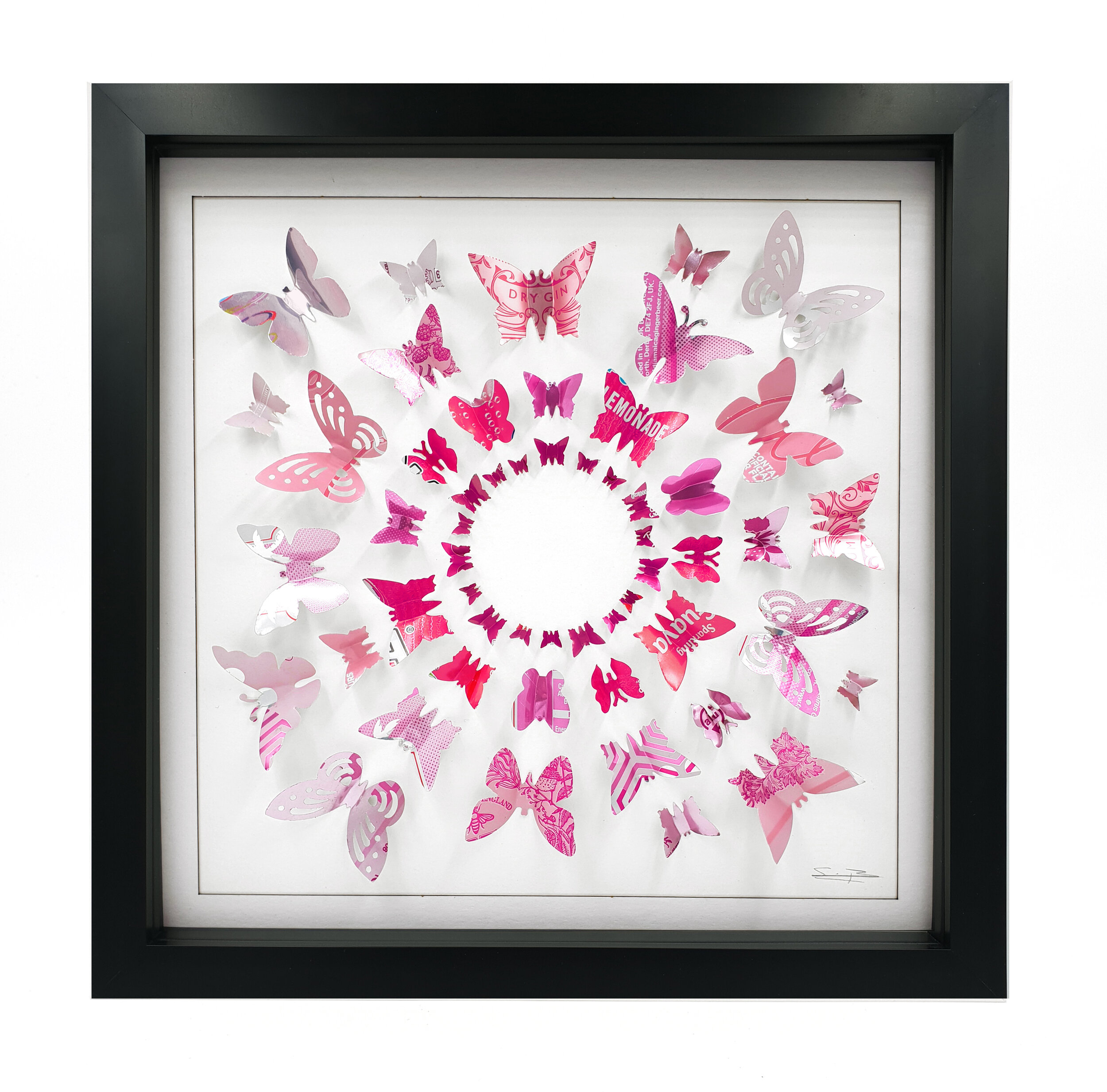 Pink Butterfly gradient Circle hand made from beverage cans black frame