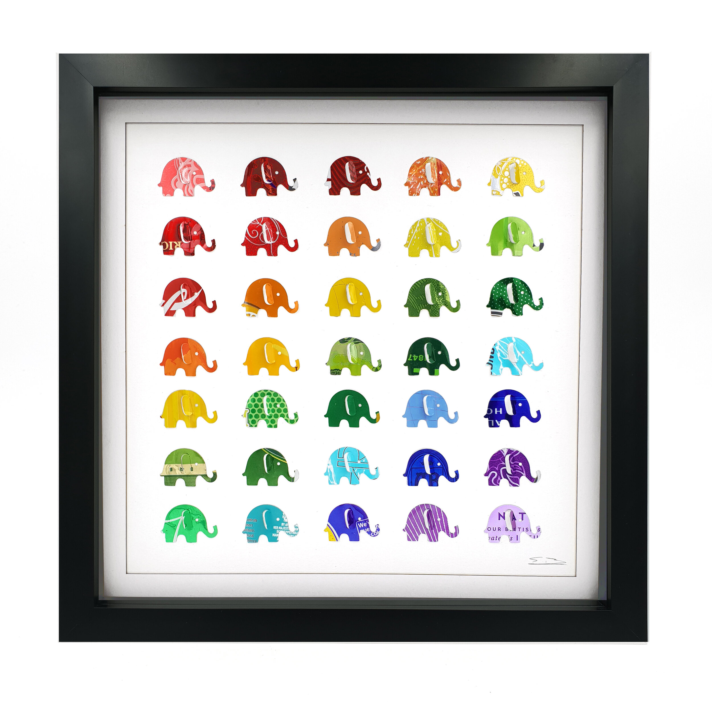 Rainbow Elephants colourful 3D sustainable tin can art black frame