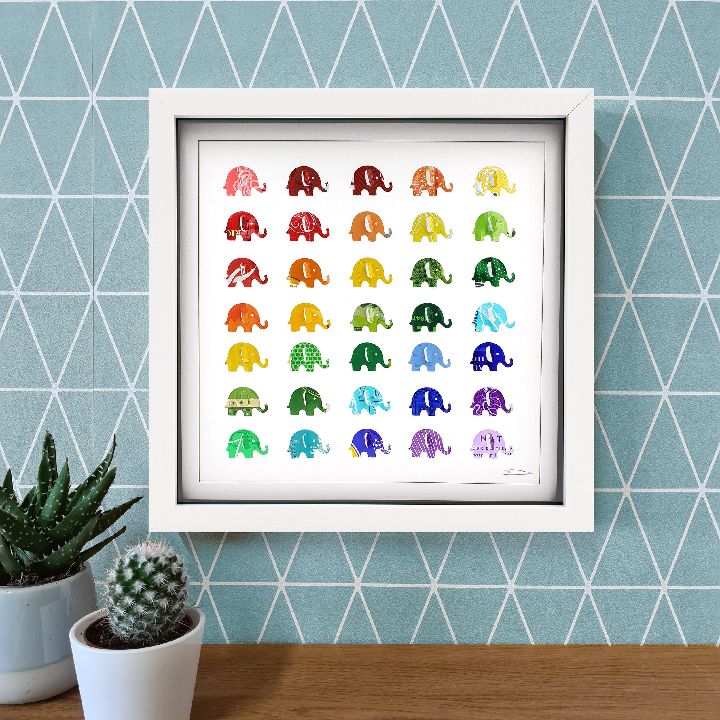 Rainbow Elephants colourful 3D sustainable tin can art 