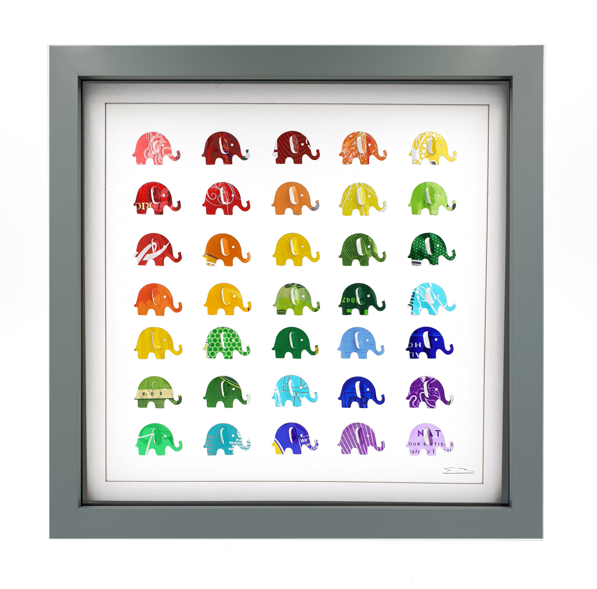 Rainbow Elephants colourful 3D sustainable tin can art grey frame
