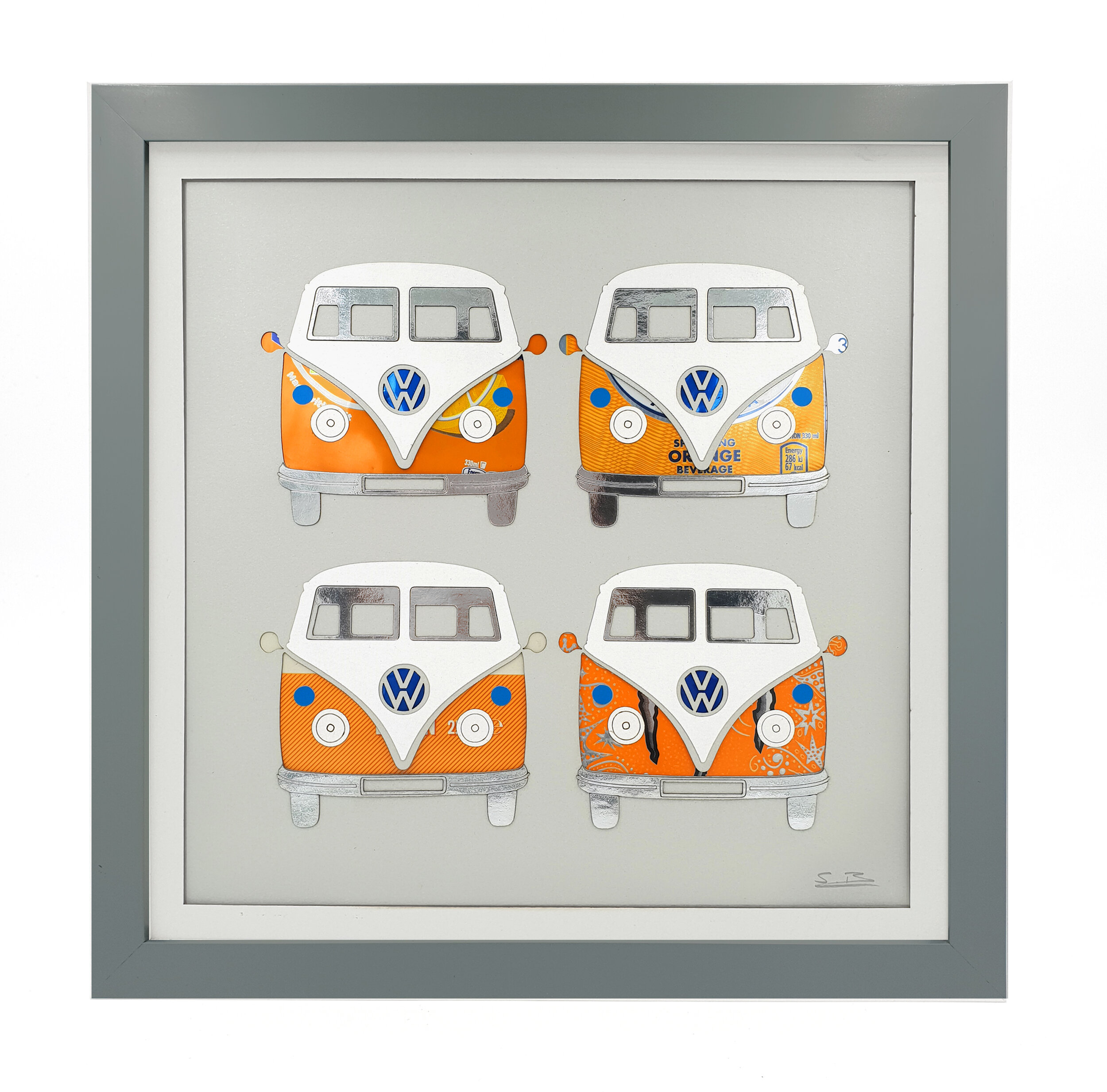 Retro VW Campers Orange upcycled can wall art grey frame 