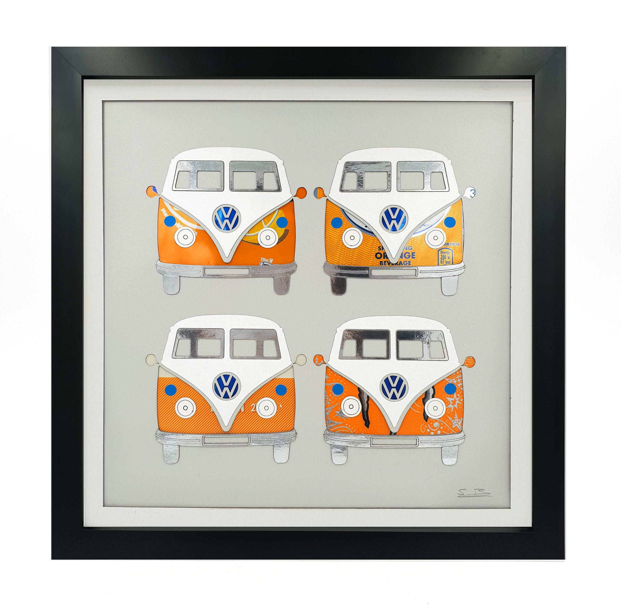Retro VW Campers Orange upcycled can wall art black frame 