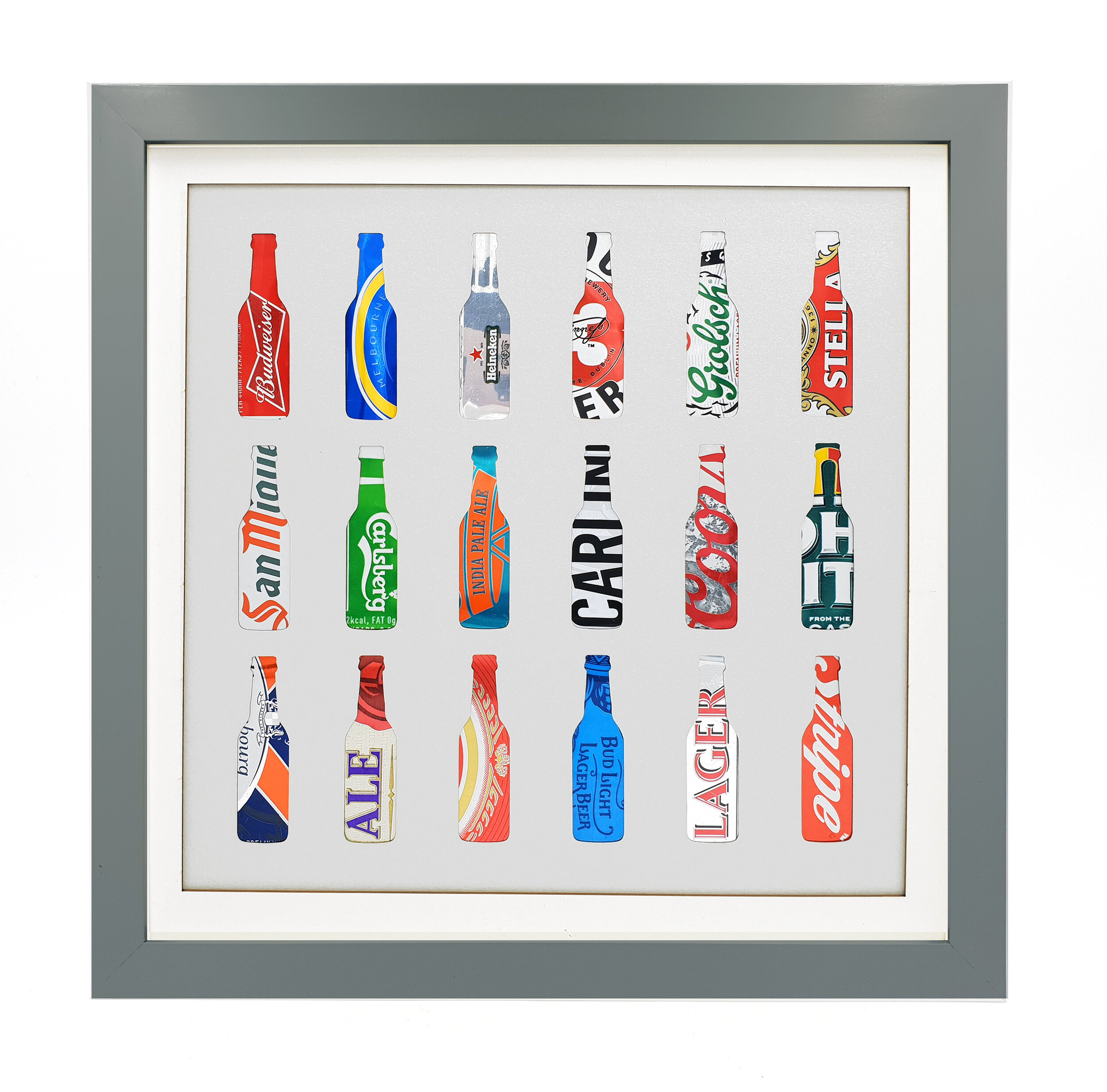 Beers Silhouette hand made from upcycled can grey frame 
