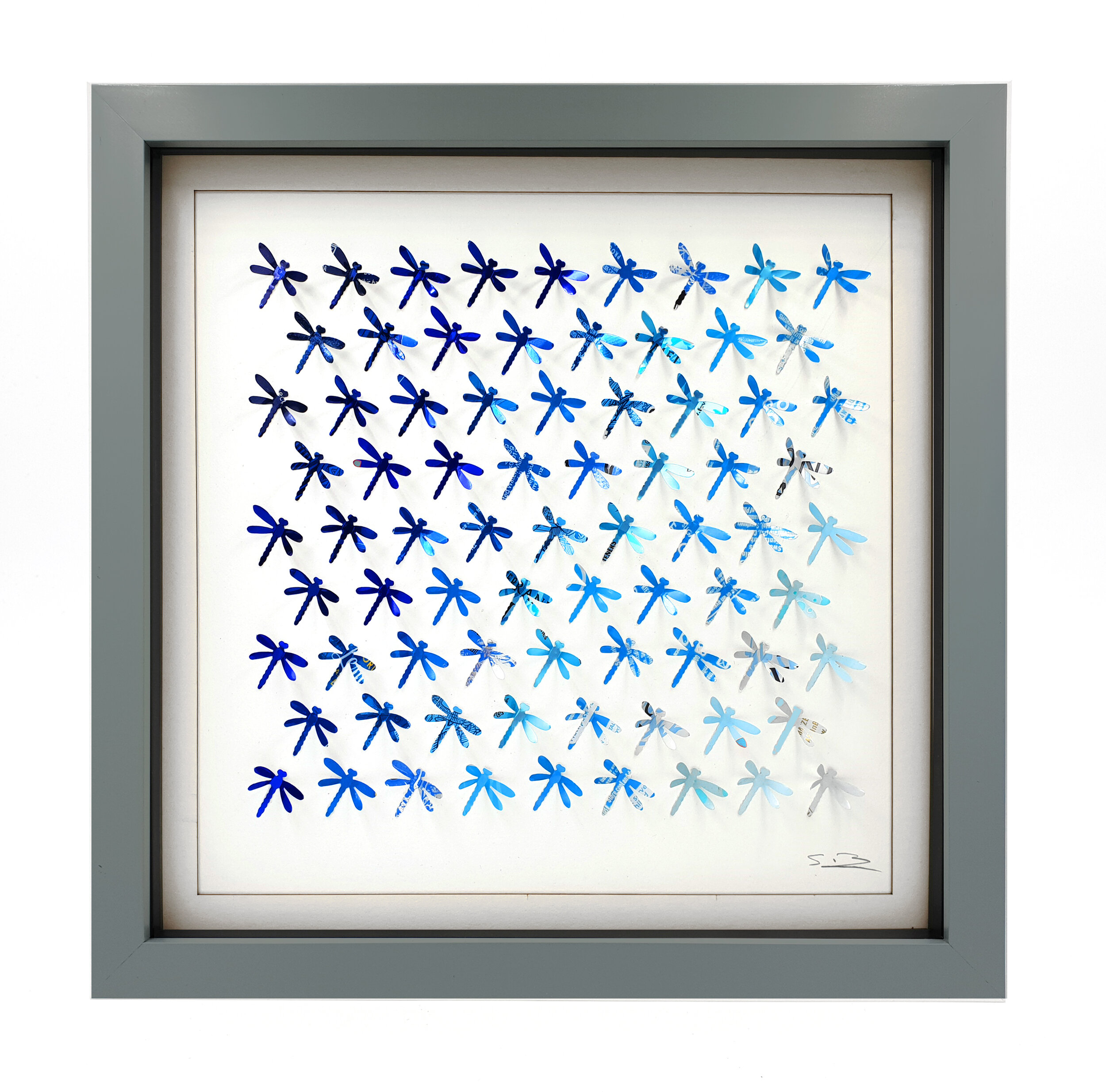 Blue Dragonflies recycled can gradient grey frame 