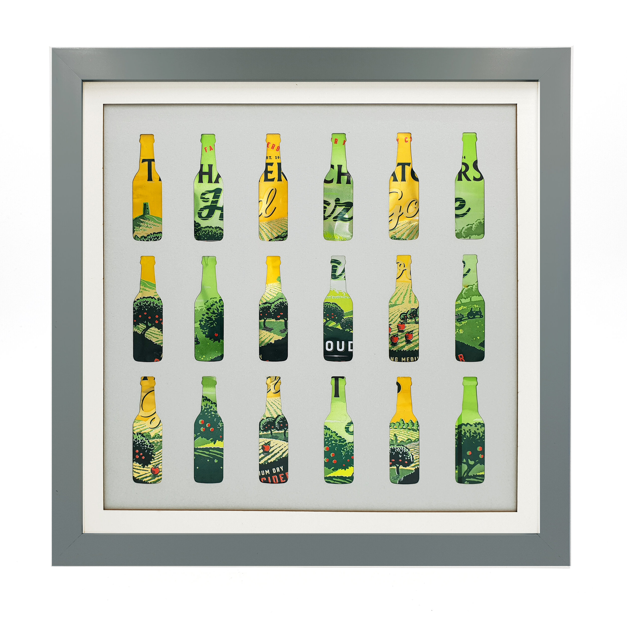 Thatchers Silhouette green and yellow upcycled can wall art grey frame