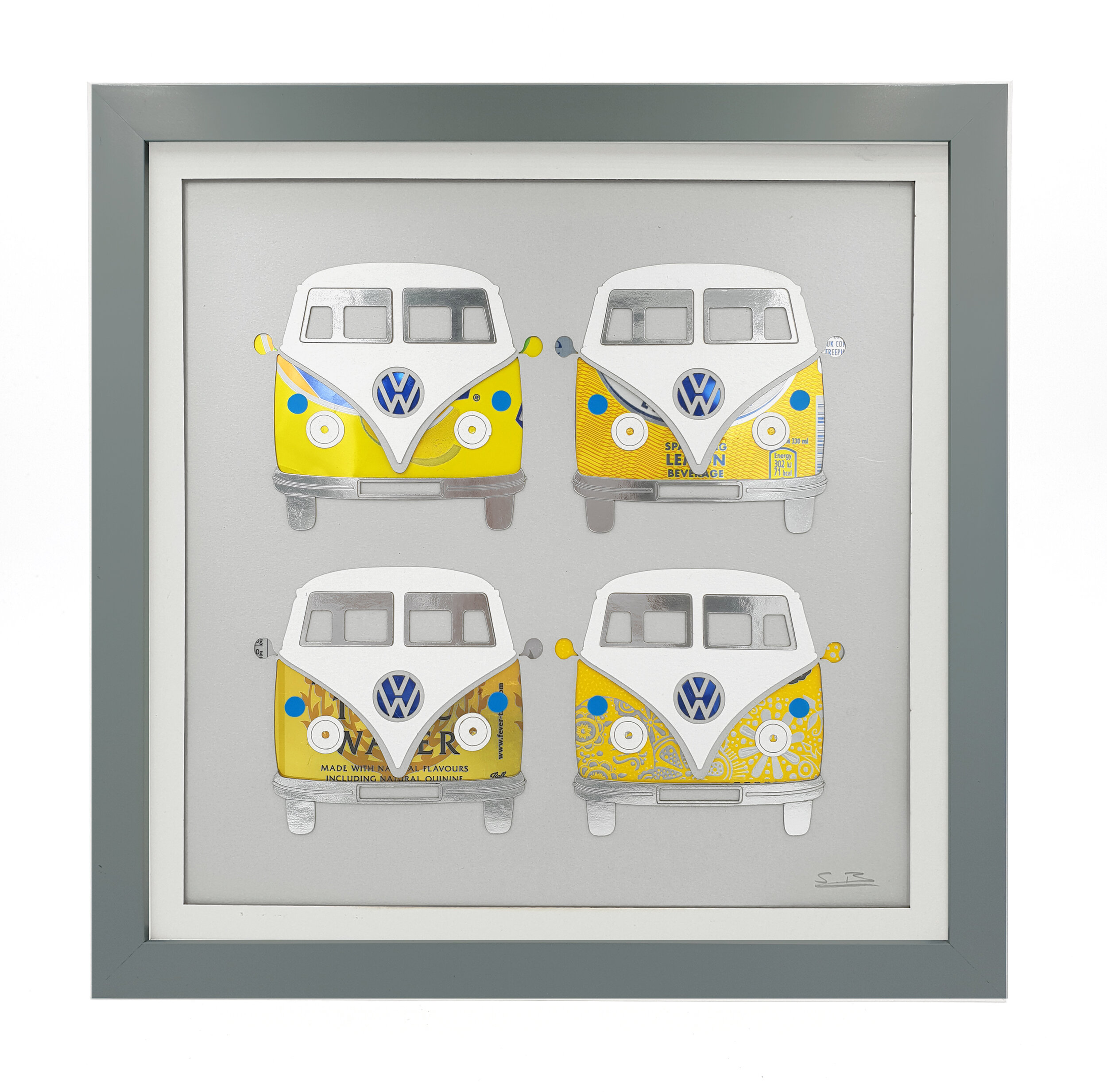 Yellow VW Campers creative reused beverage can eco art grey frame 