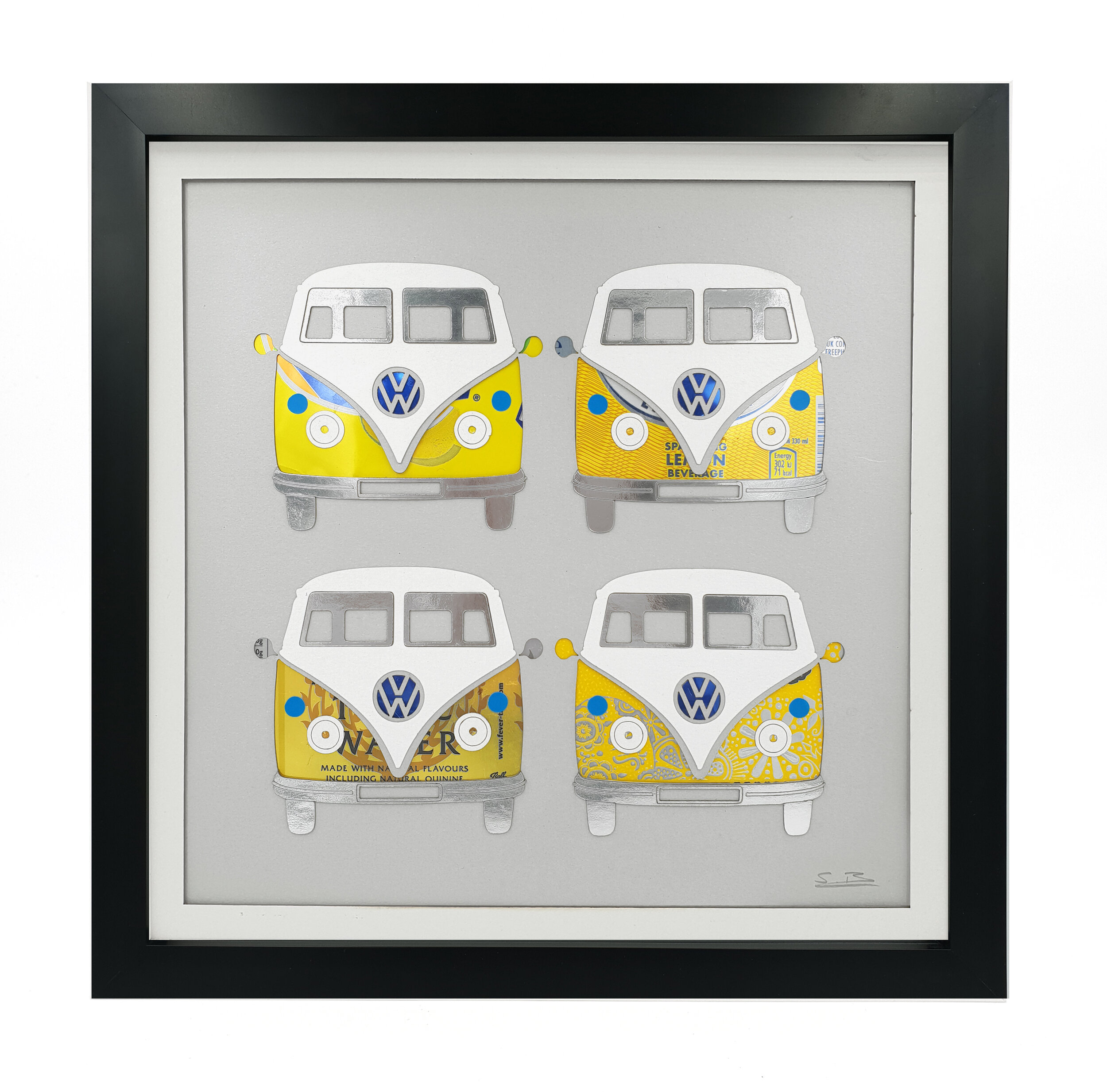Yellow VW Campers creative reused beverage can eco art black frame 