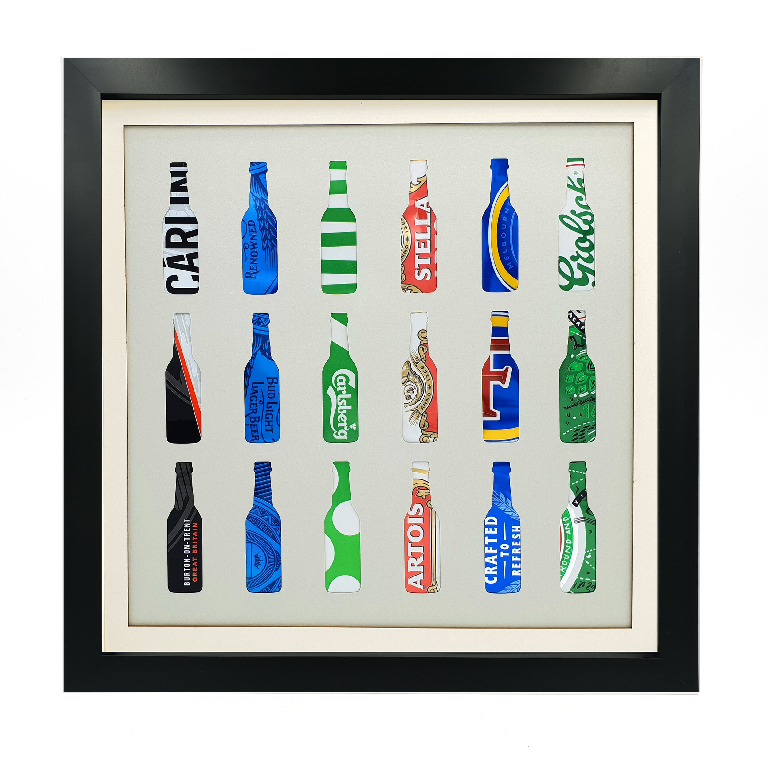 Six Lagers Silhouette vibrant upcycled can eco art black frame 
