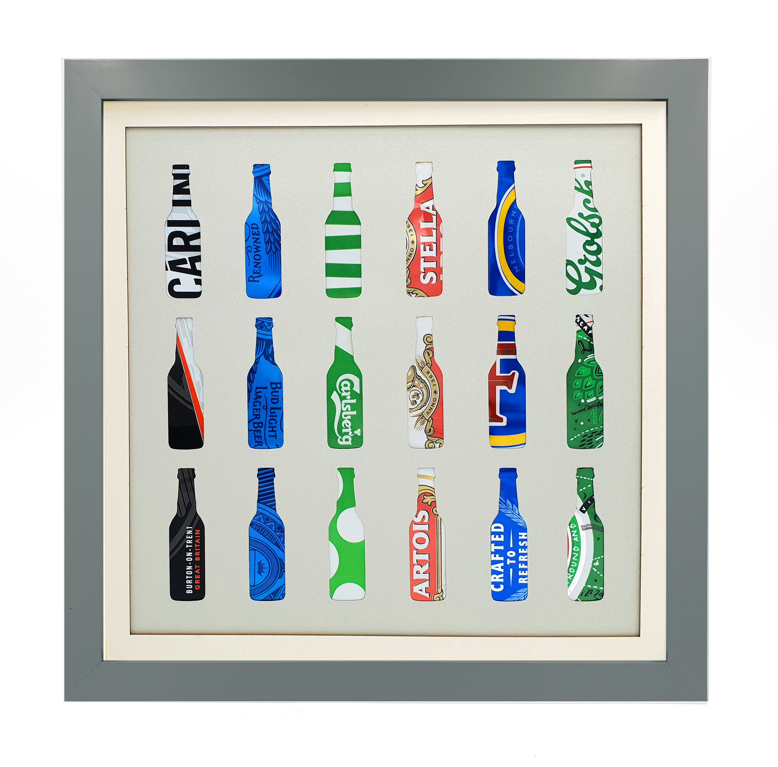 Six Lagers Silhouette vibrant upcycled can eco art grey frame 