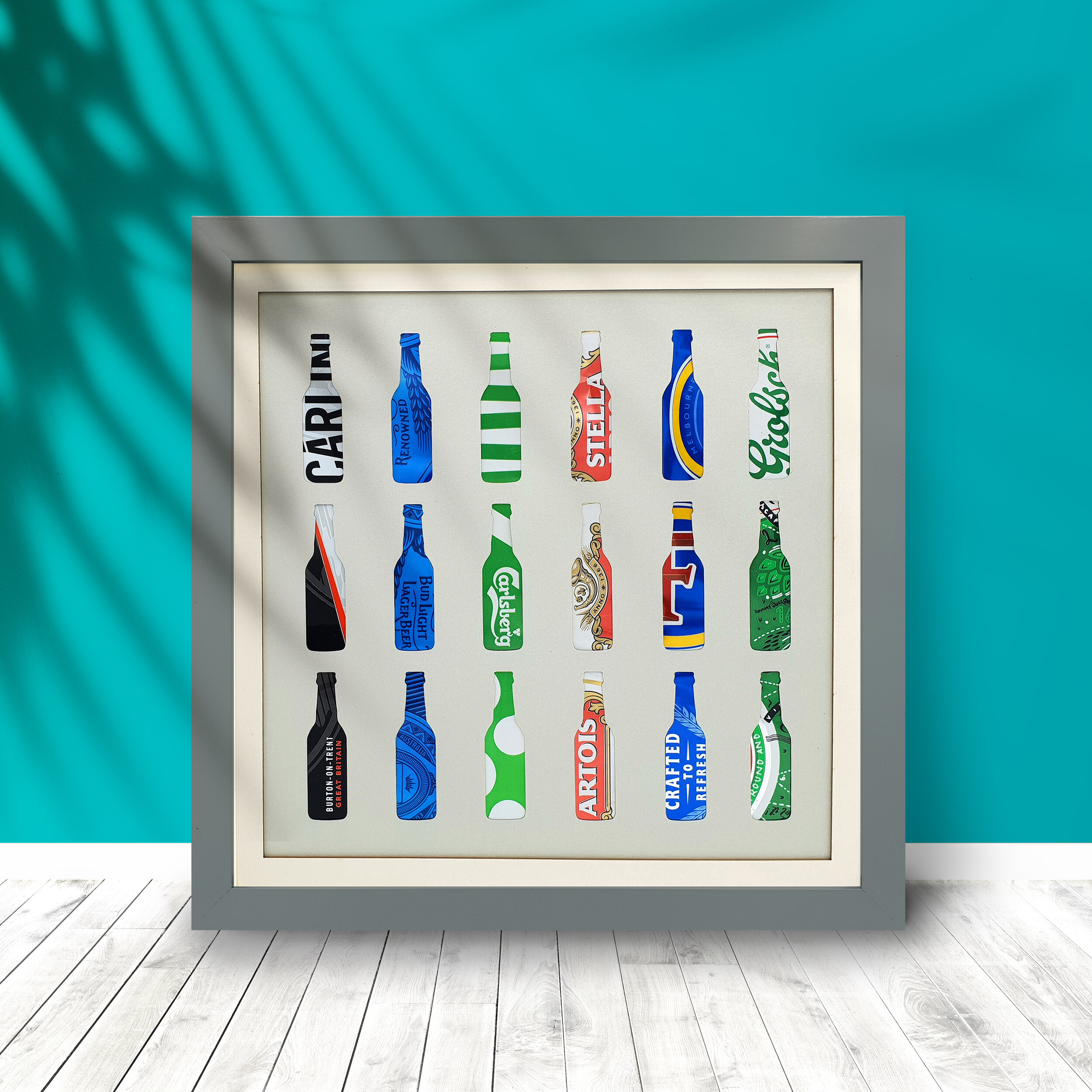 Six Lagers Silhouette vibrant upcycled can eco art 