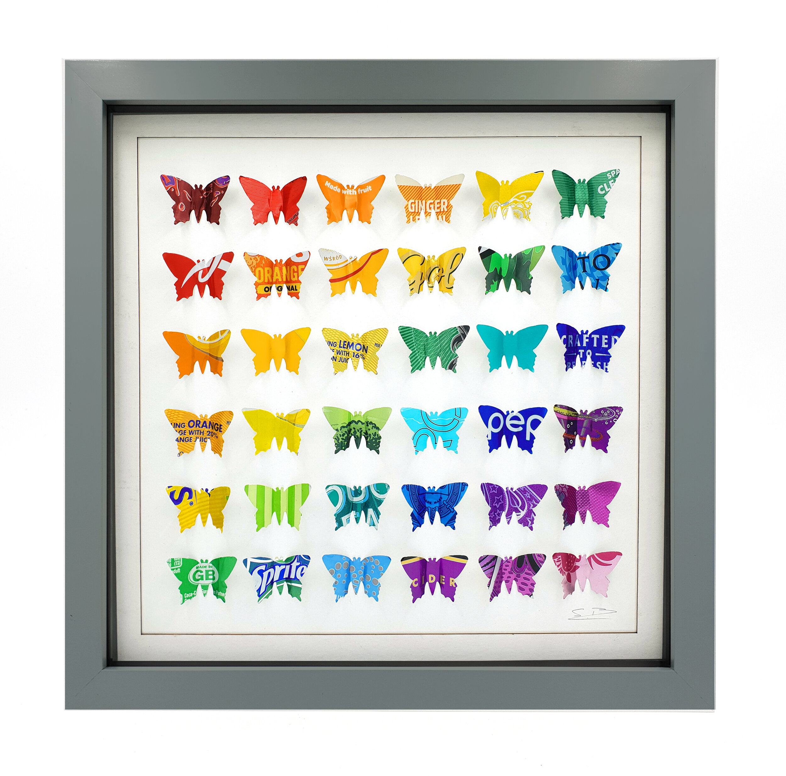 Rainbow Classic Butterflies hand made by Sarah Turner grey frame 