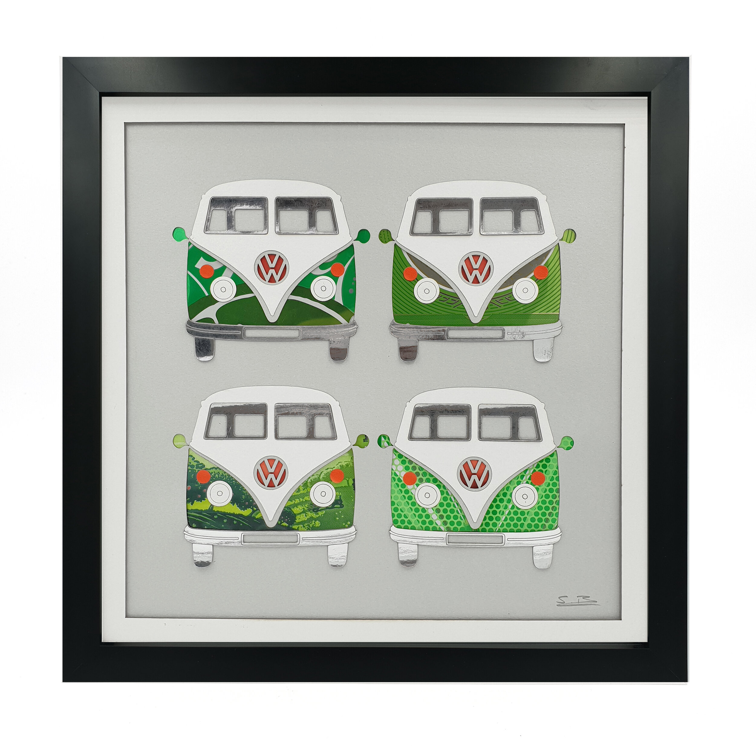 Retro green VW Campers made from upcycled can wall art black frame