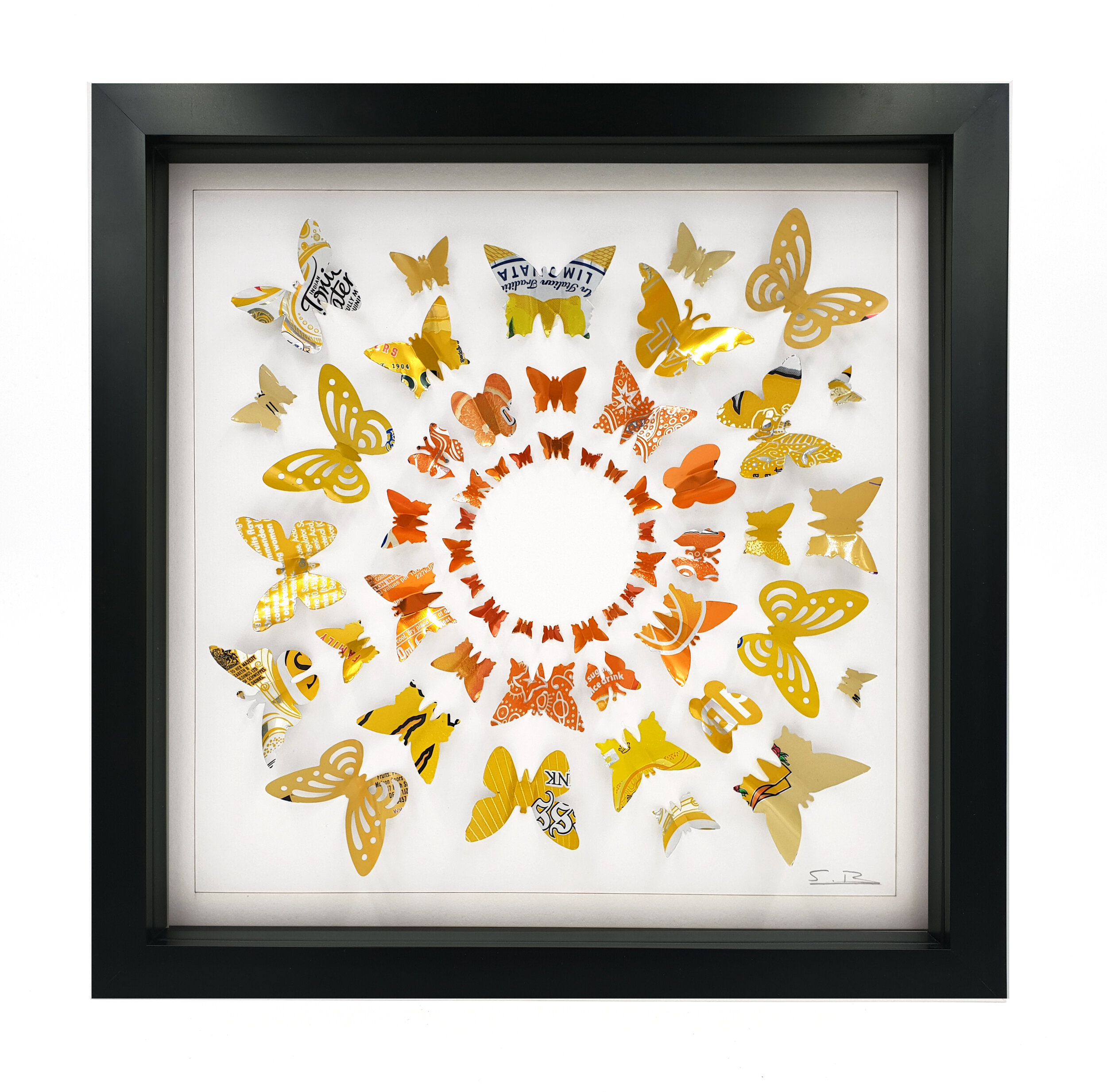 Orange/Yellow Butterfly Circles 3D eco art black frame 