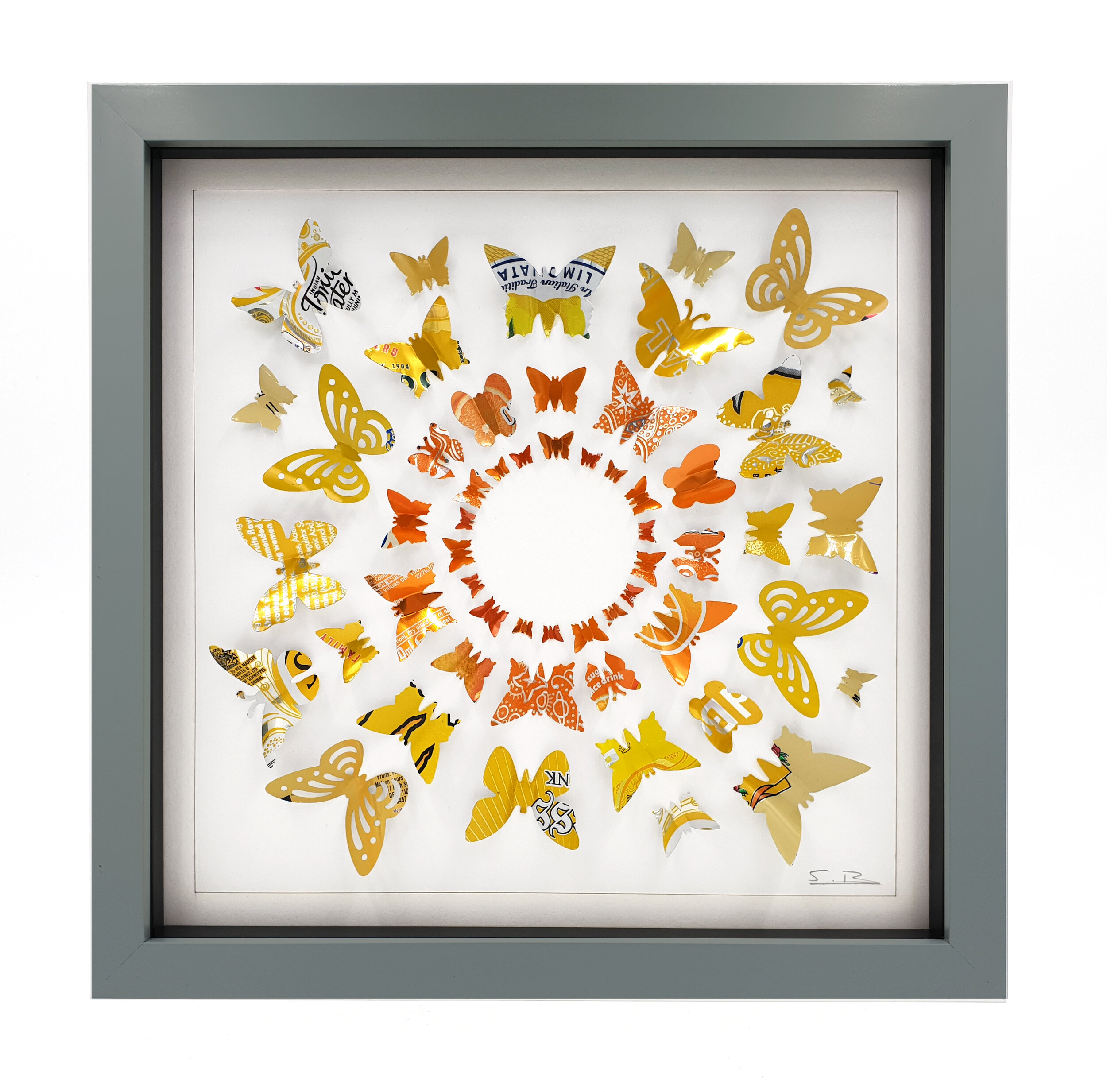 Orange/Yellow Butterfly Circles 3D eco art grey frame 