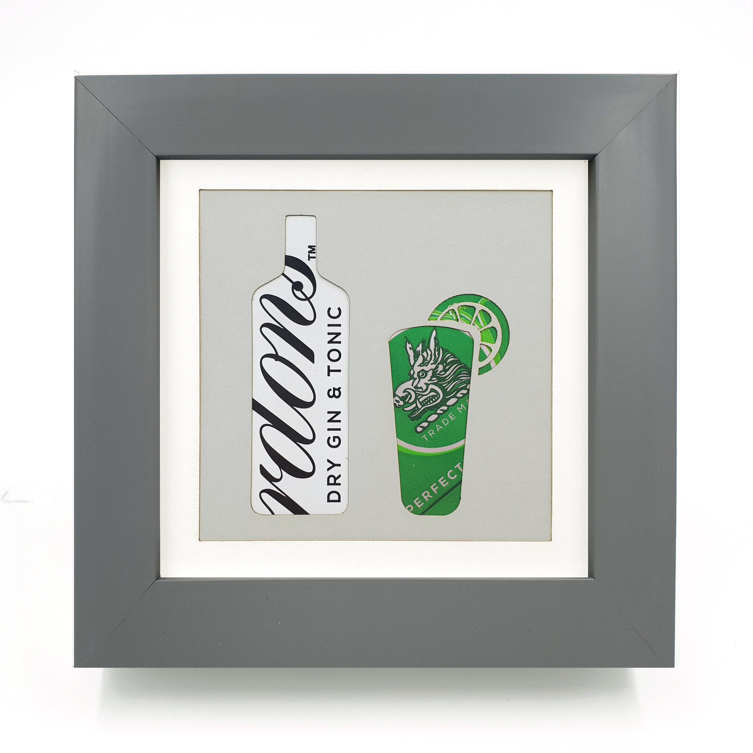 Upcycled green and white can wall decoration grey frame