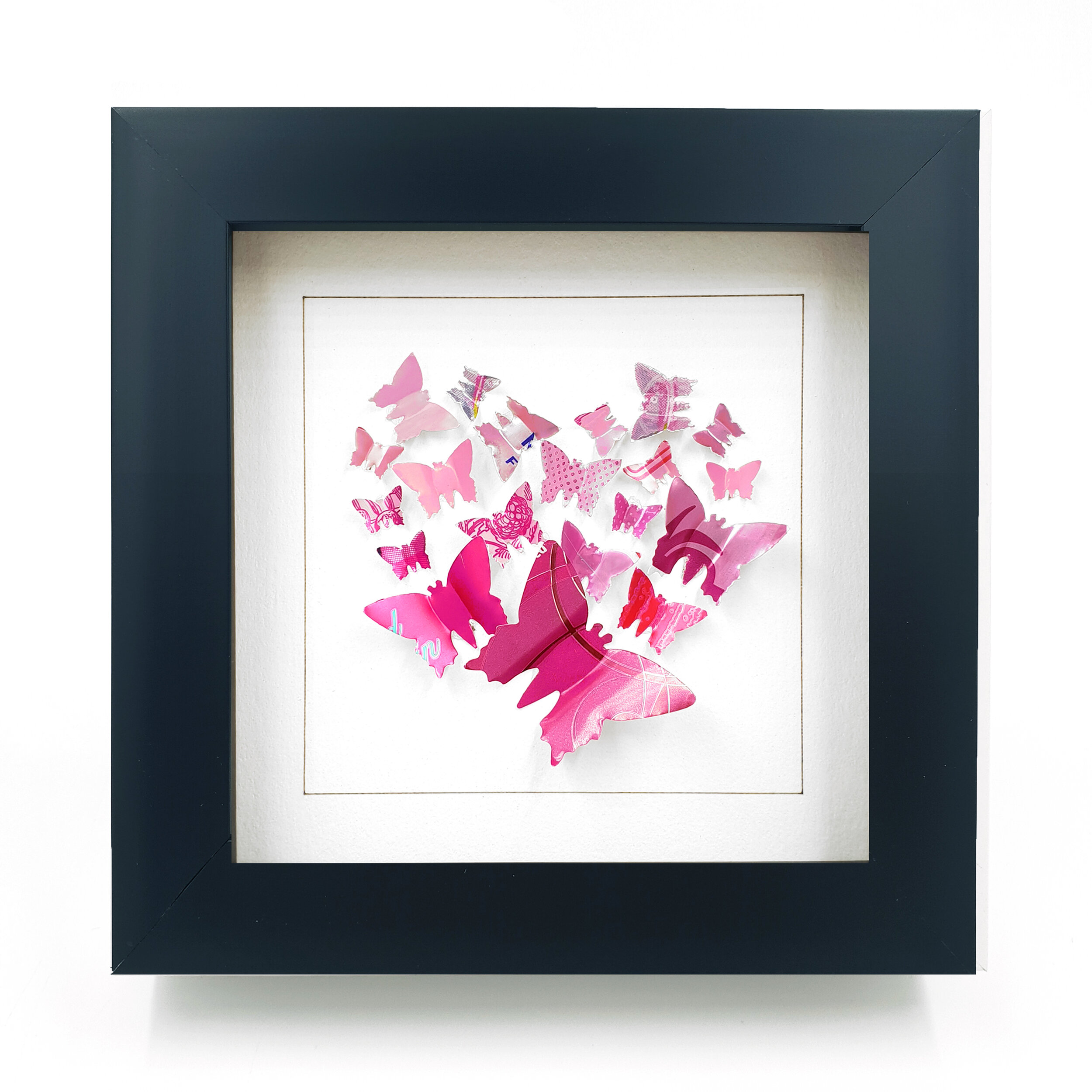 Recycled pink heart butterfly design white frame wall art black frame 