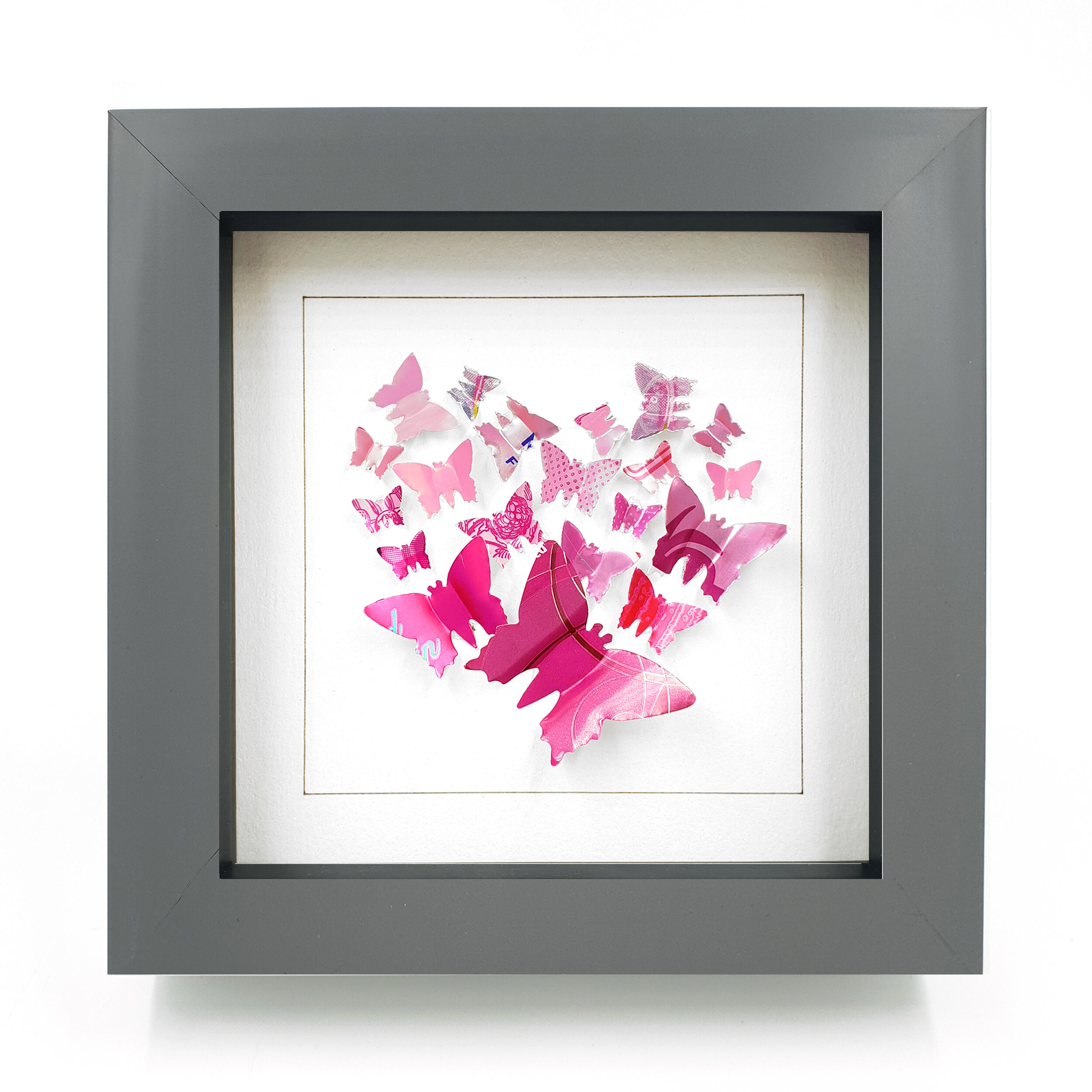 Recycled pink heart butterfly design white frame wall art grey frame