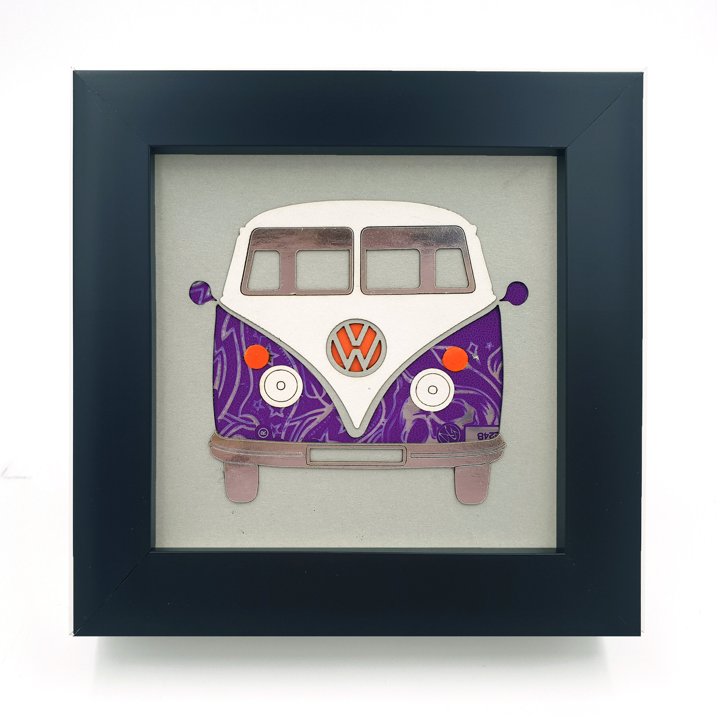 Recycled purple can retro VW gift for him black frame