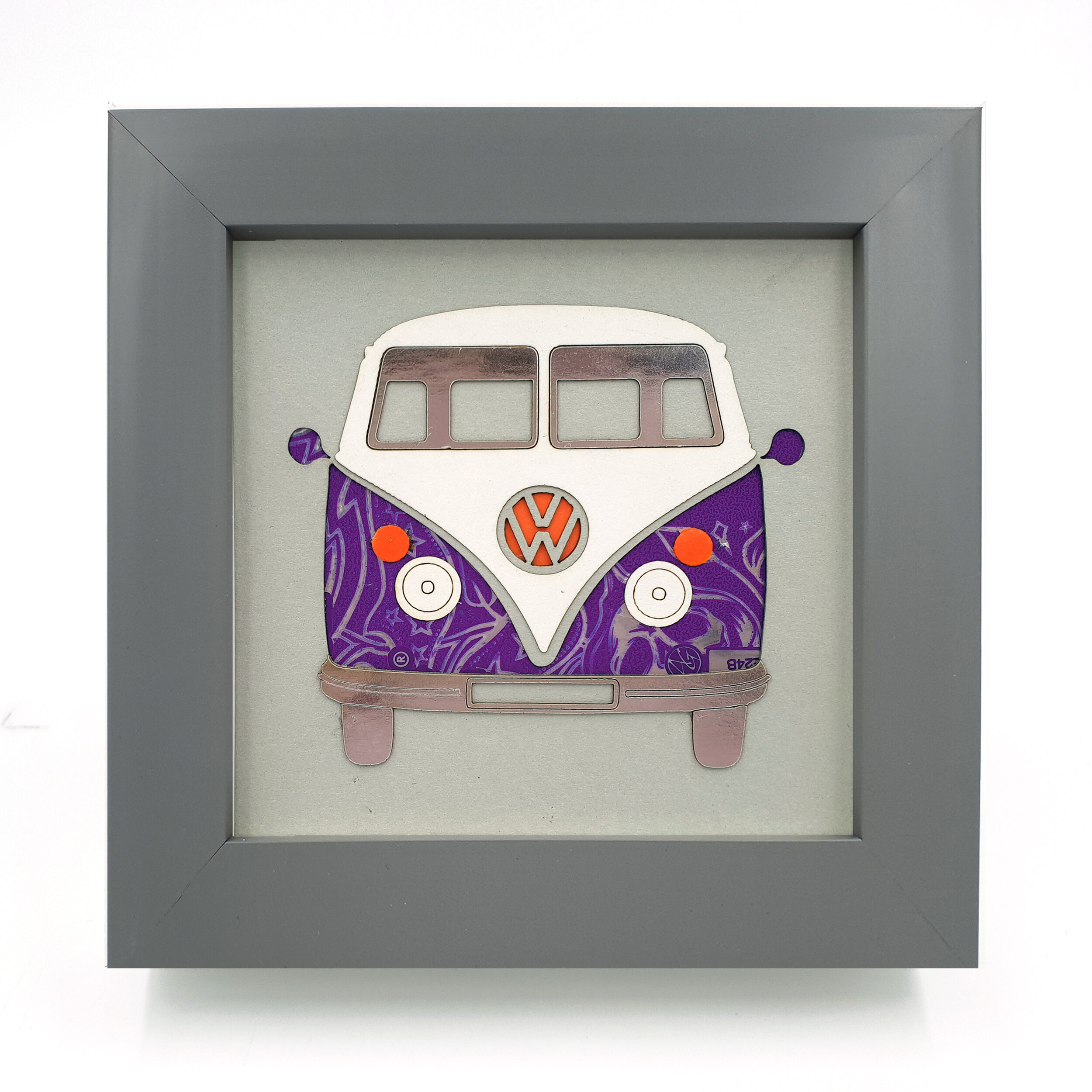 Recycled purple can retro VW gift for him grey frame