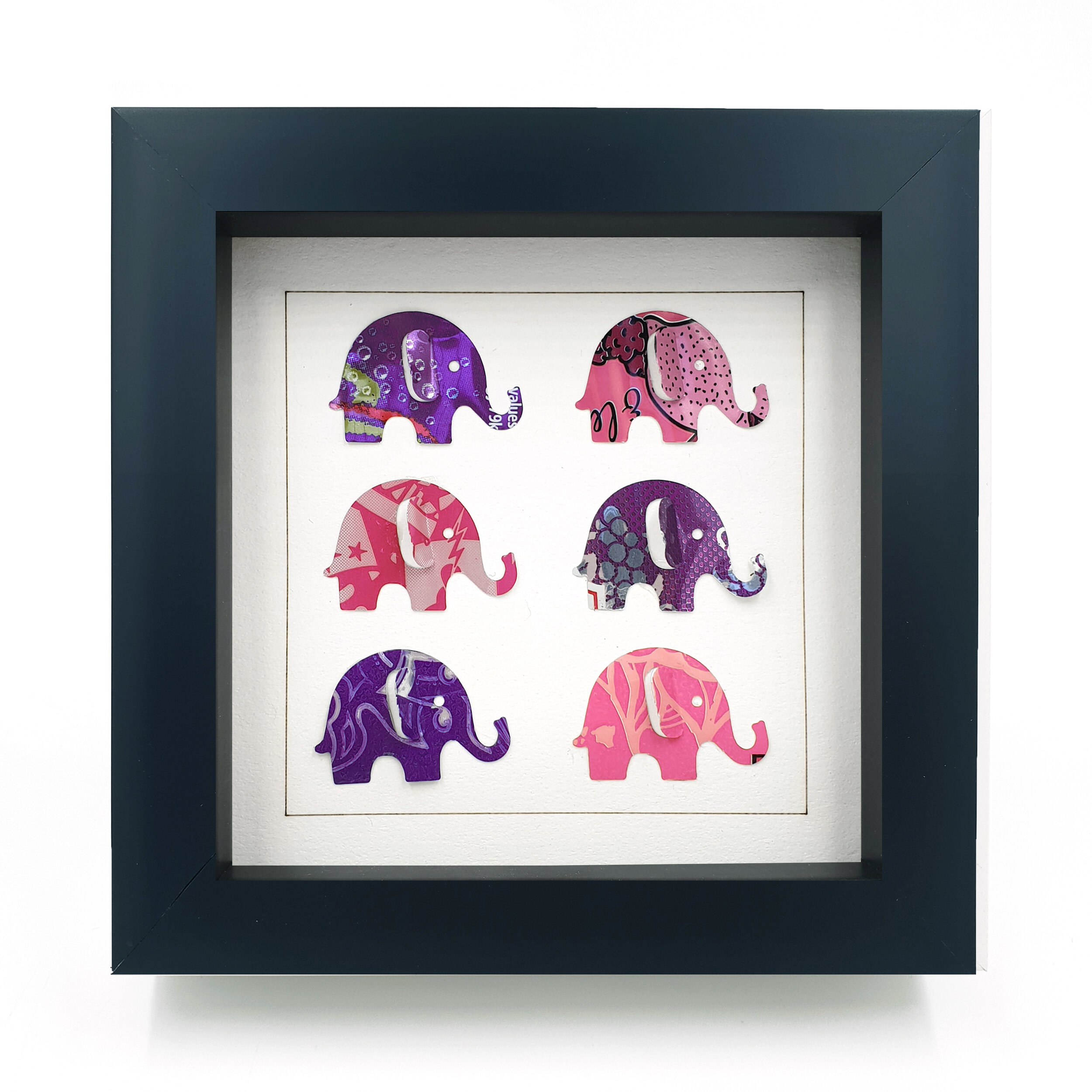 Pink and purple elephant upcycled can art black frame