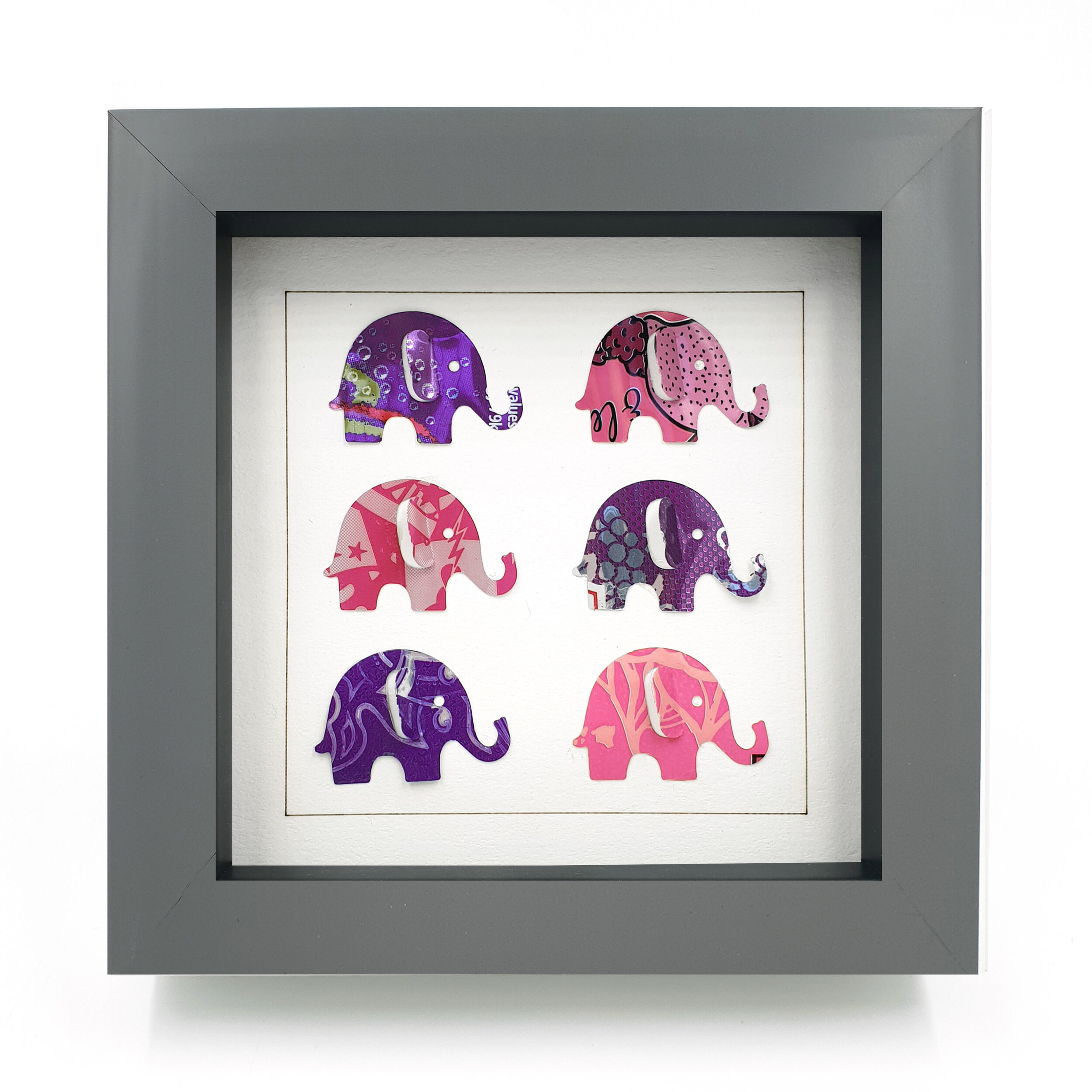 Pink and purple elephant upcycled can art grey frame