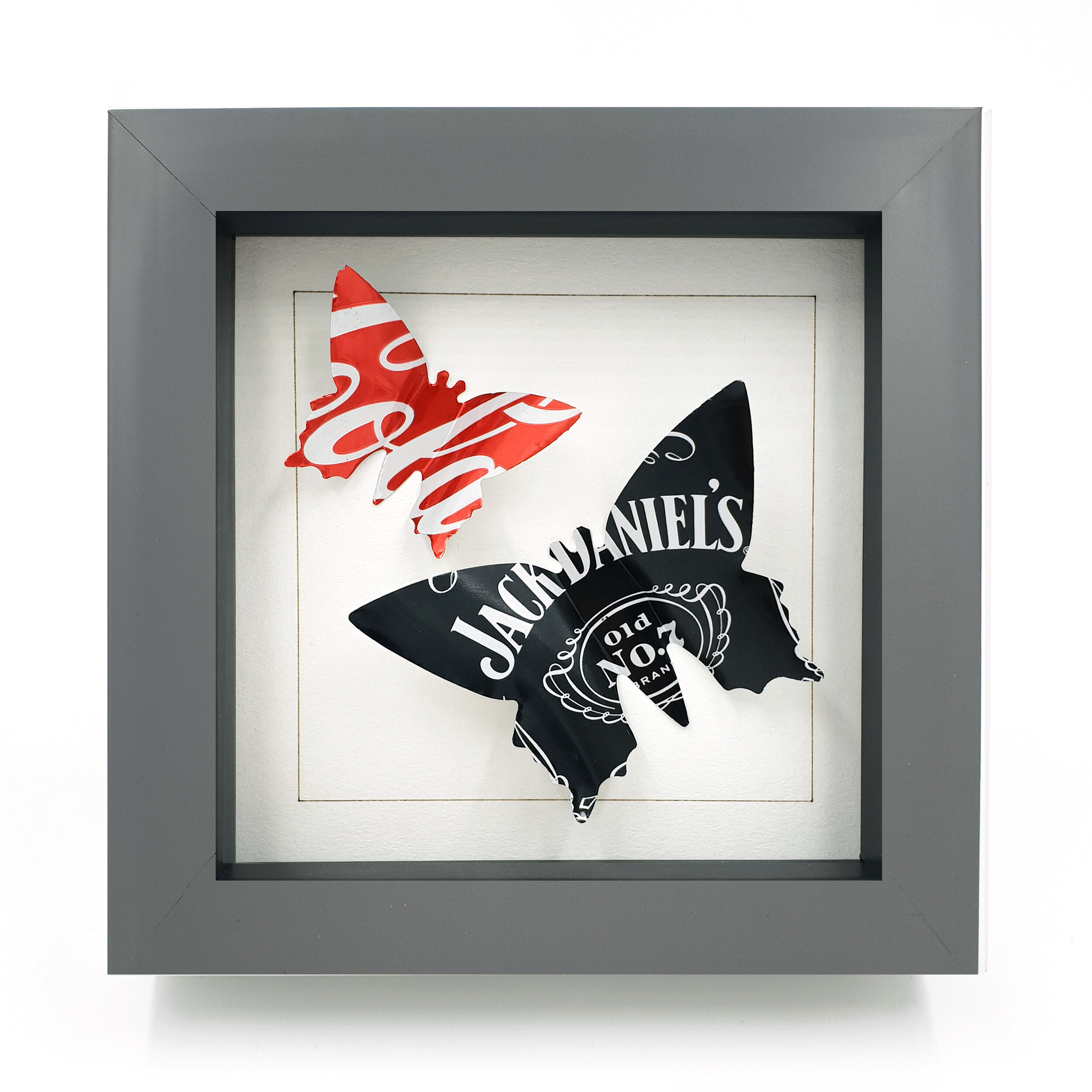 Red and black Coca-Cola and Jack Daniels double butterfly eco art grey frame