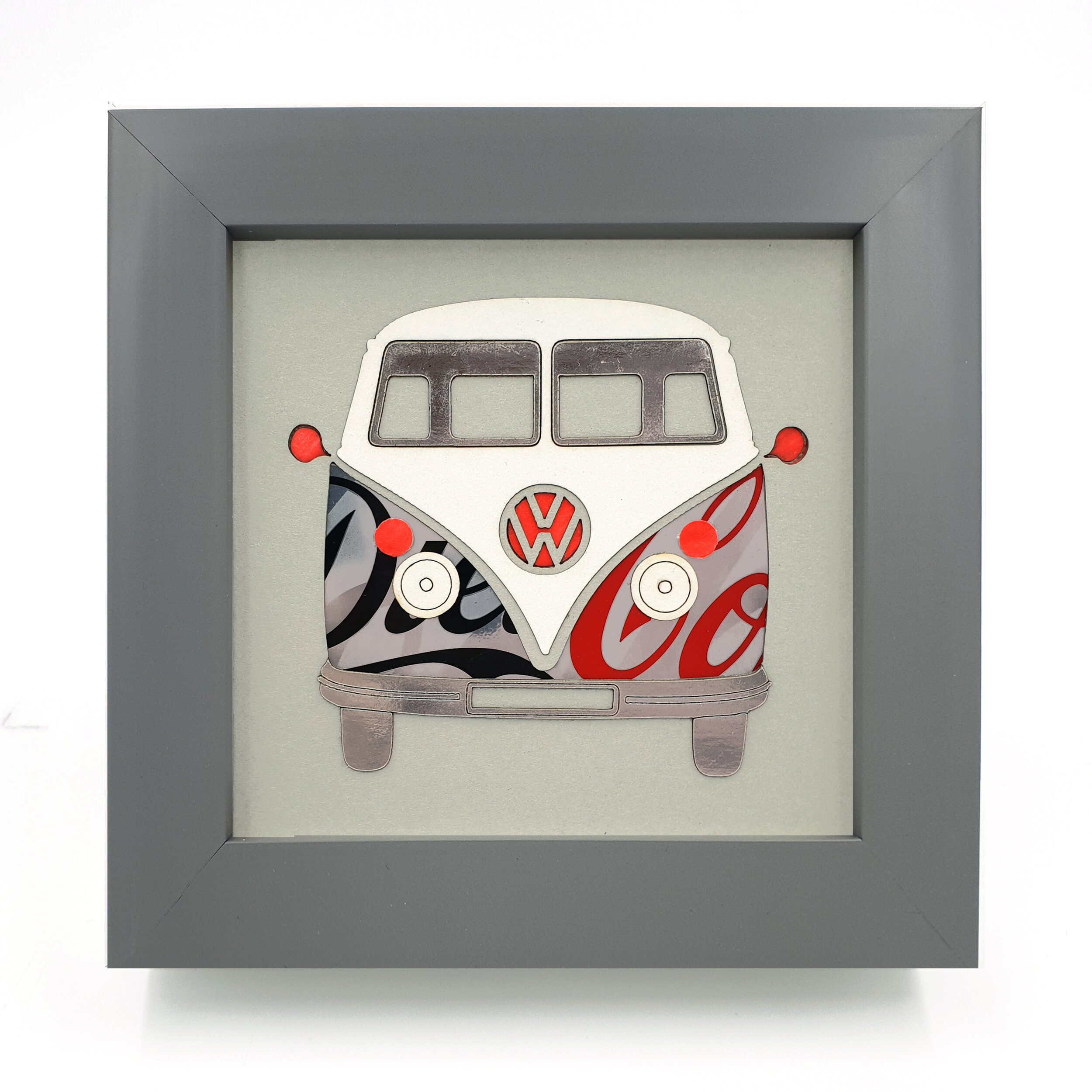 Silver Diet Coke retro VW camper van upcycled can art grey frame