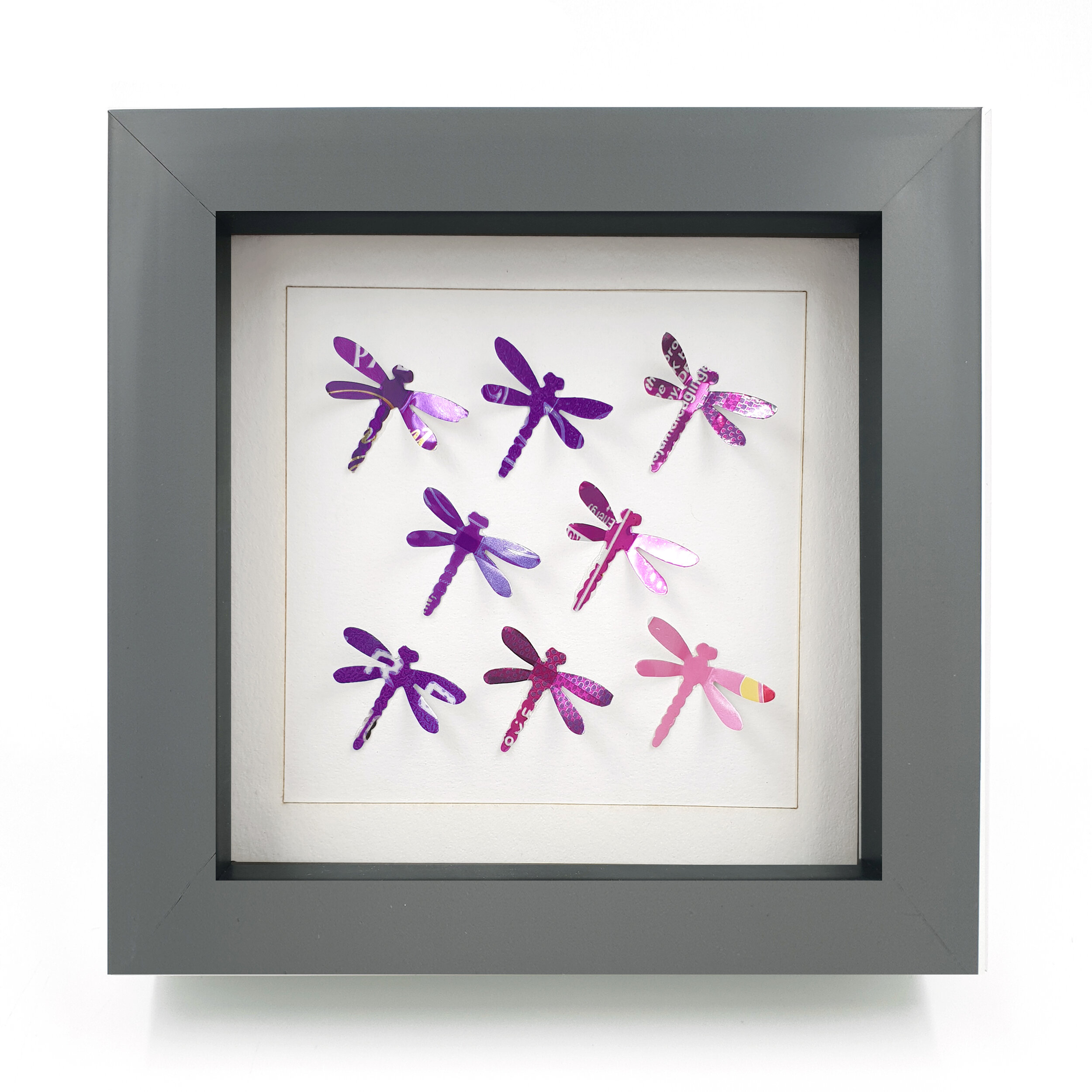 Purple dragonfly repurposed can wall design grey frame