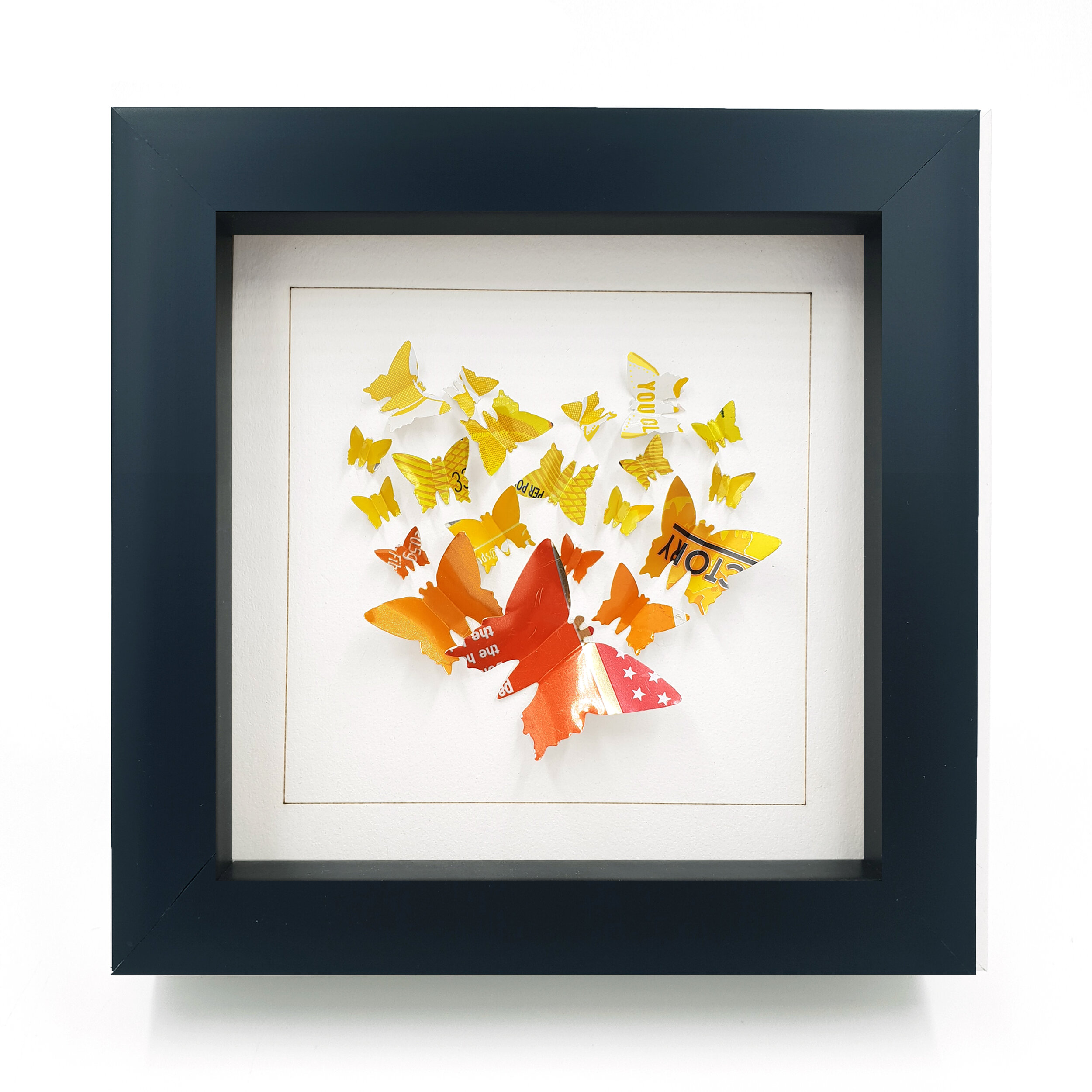 Orange and yellow butterfly heart hand made wall art present black frame