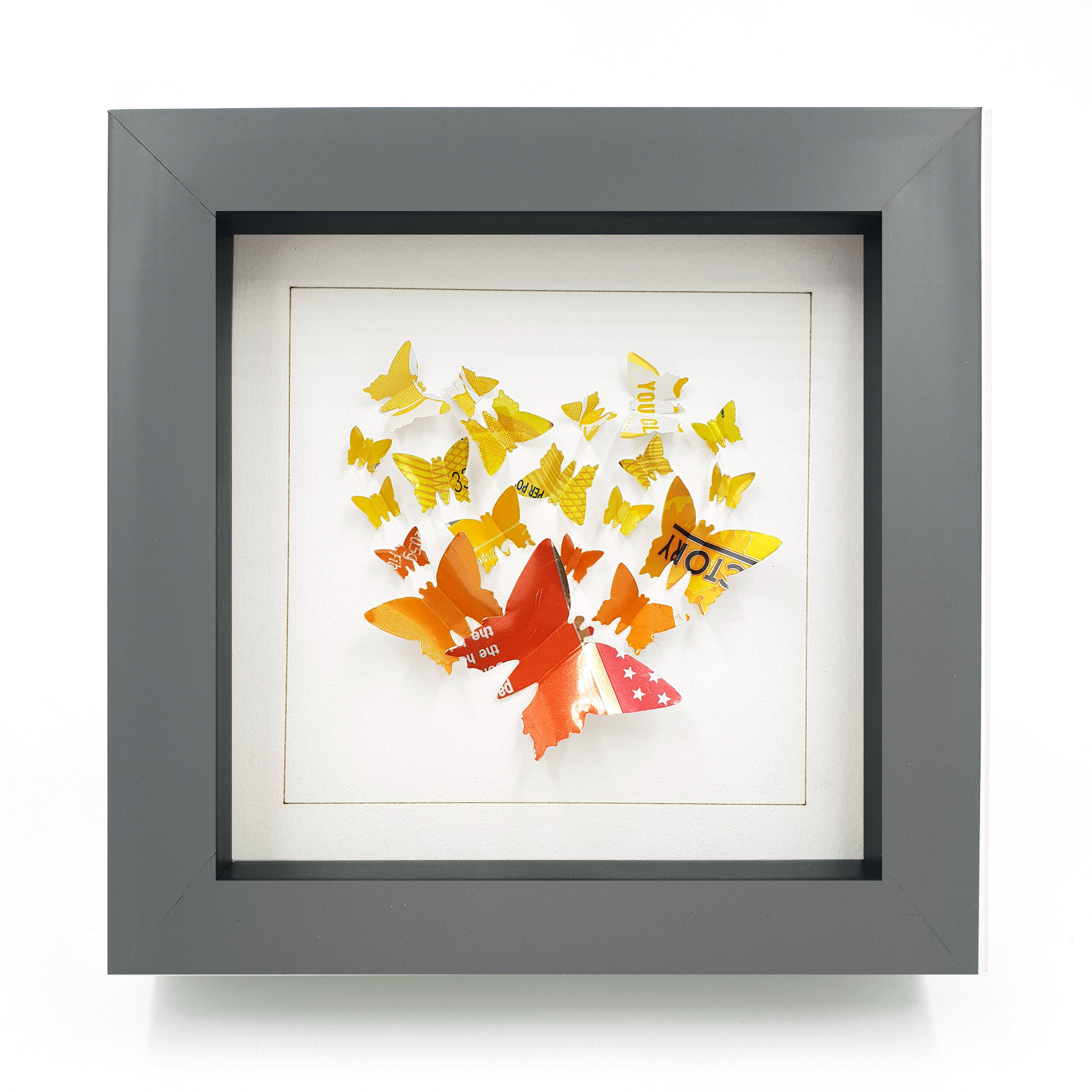 Orange and yellow butterfly heart hand made wall art present grey frame