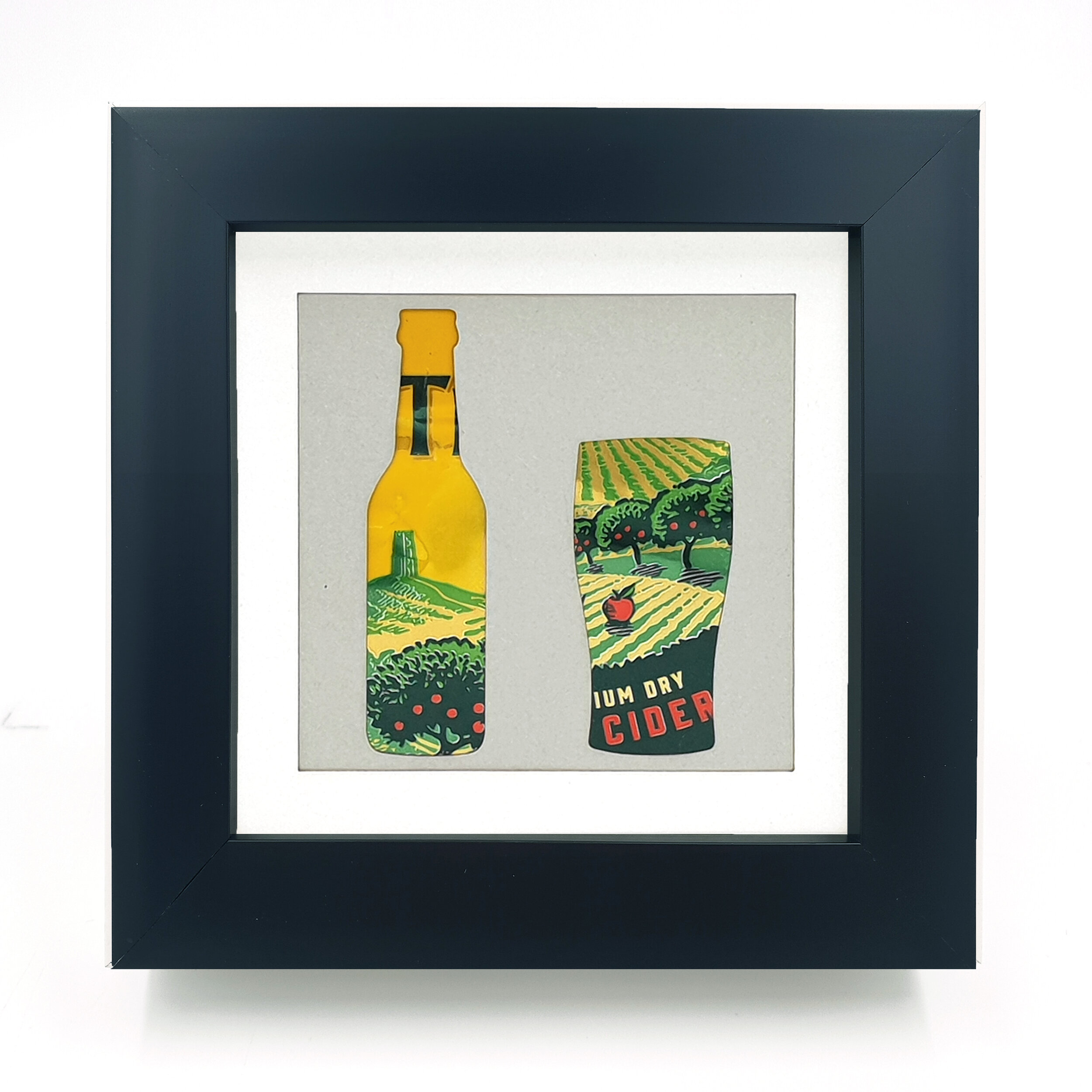 Yellow and green contemporary beverage upcycled can design black frame