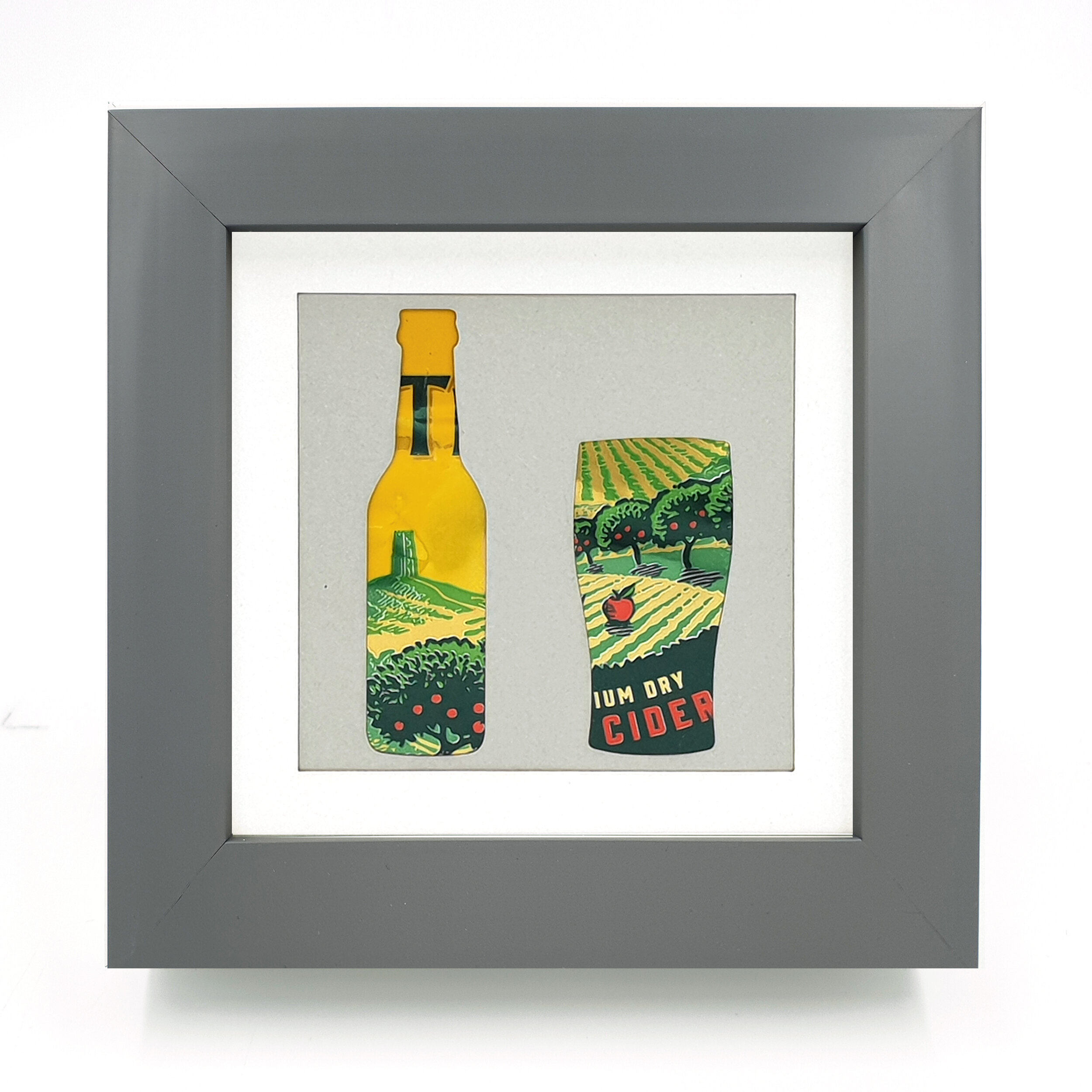 Yellow and green contemporary beverage upcycled can design grey frame