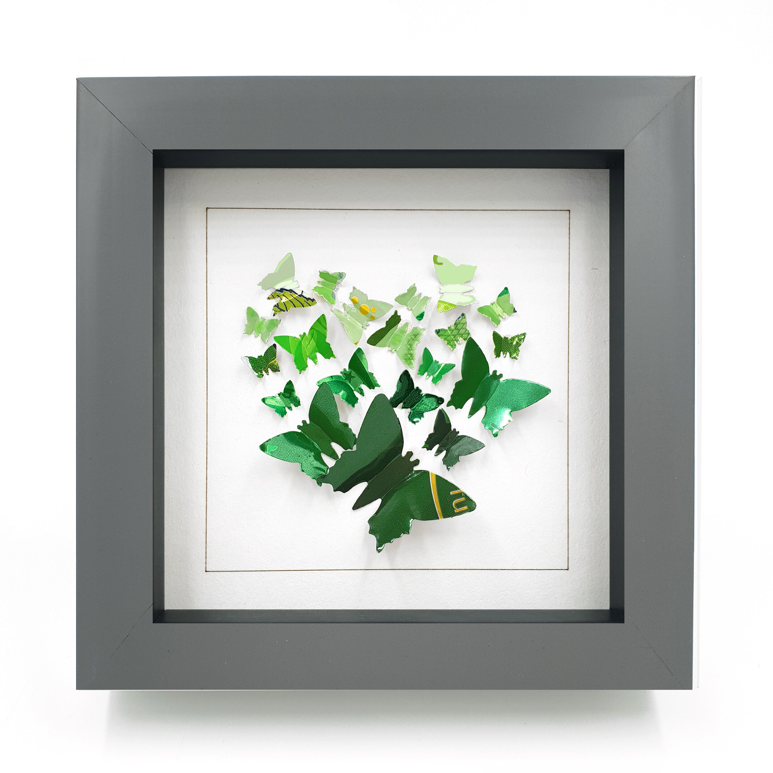 Green heart butterfly wall art hand crafted grey frame