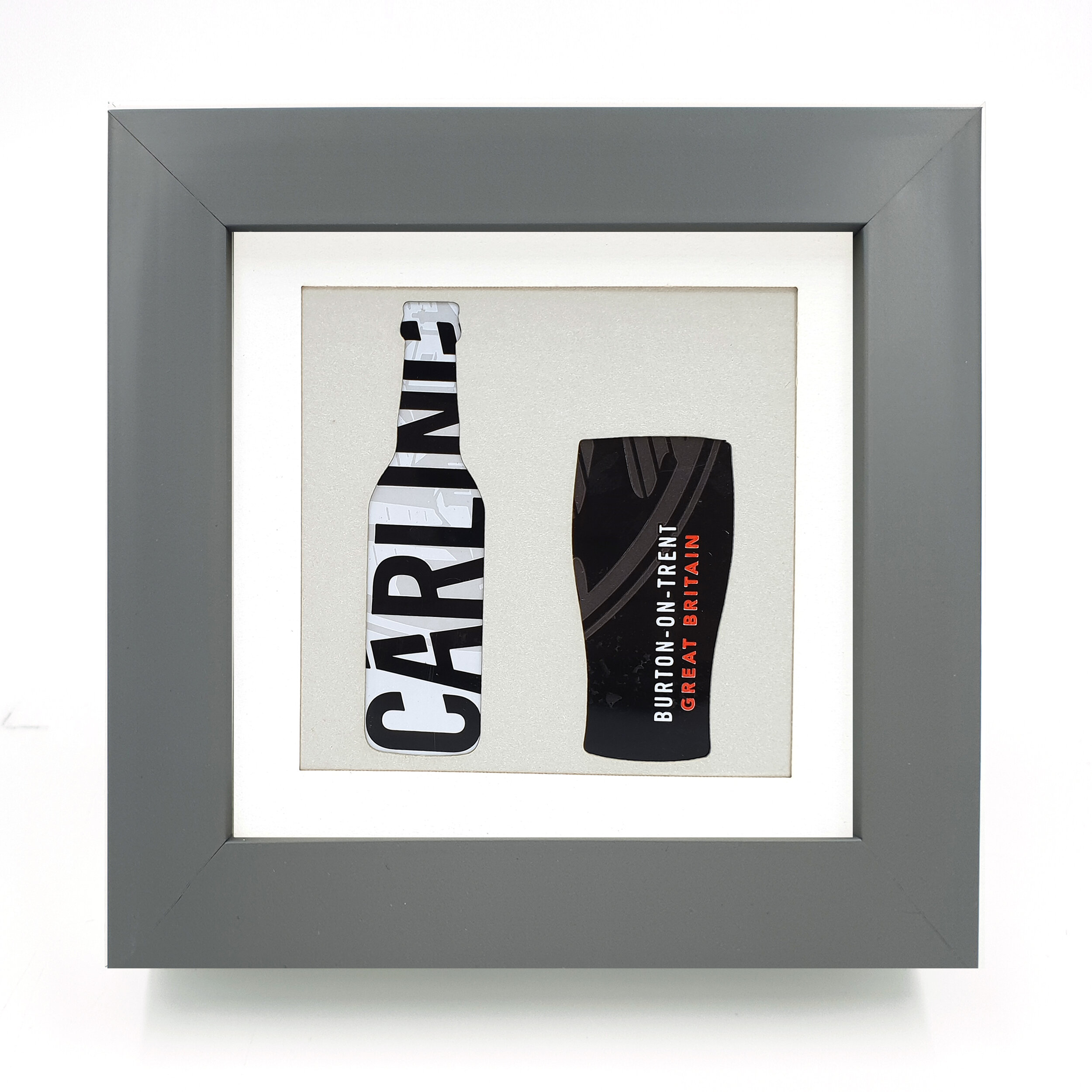 Upcycled can beverage art hand made grey frame 