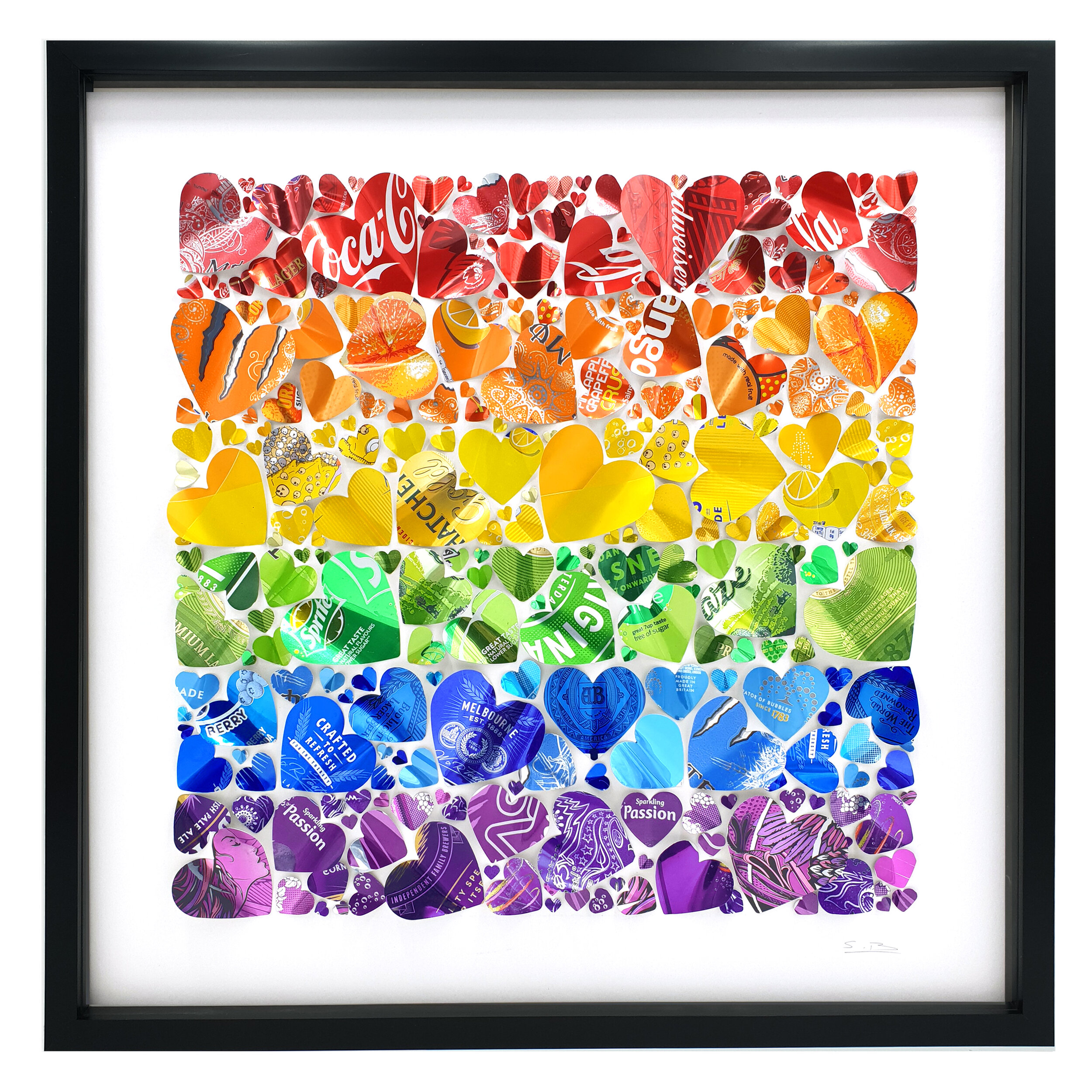 Rainbow Love colourful heart upcycled can wall design black frame