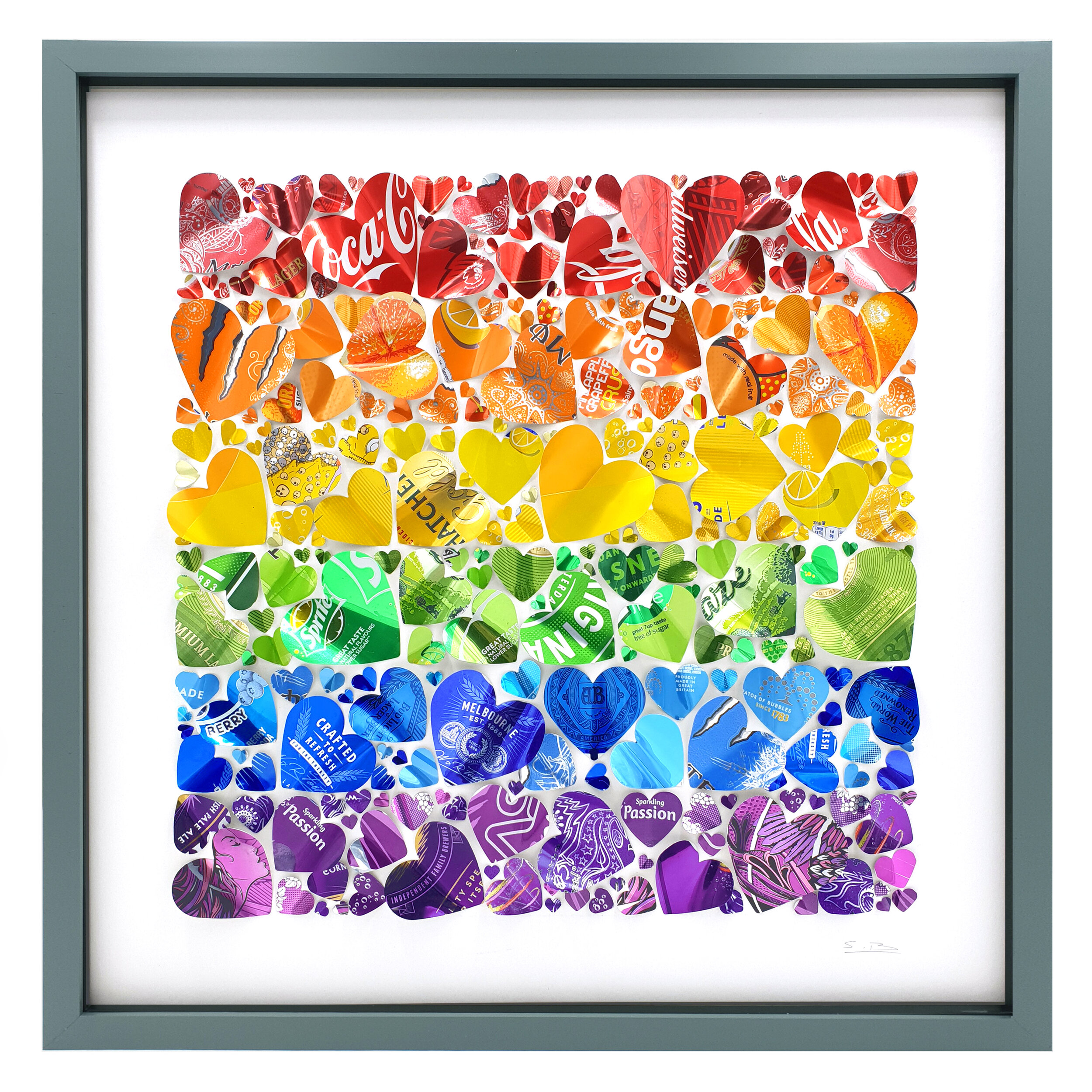 Rainbow Love colourful heart upcycled can wall design grey frame