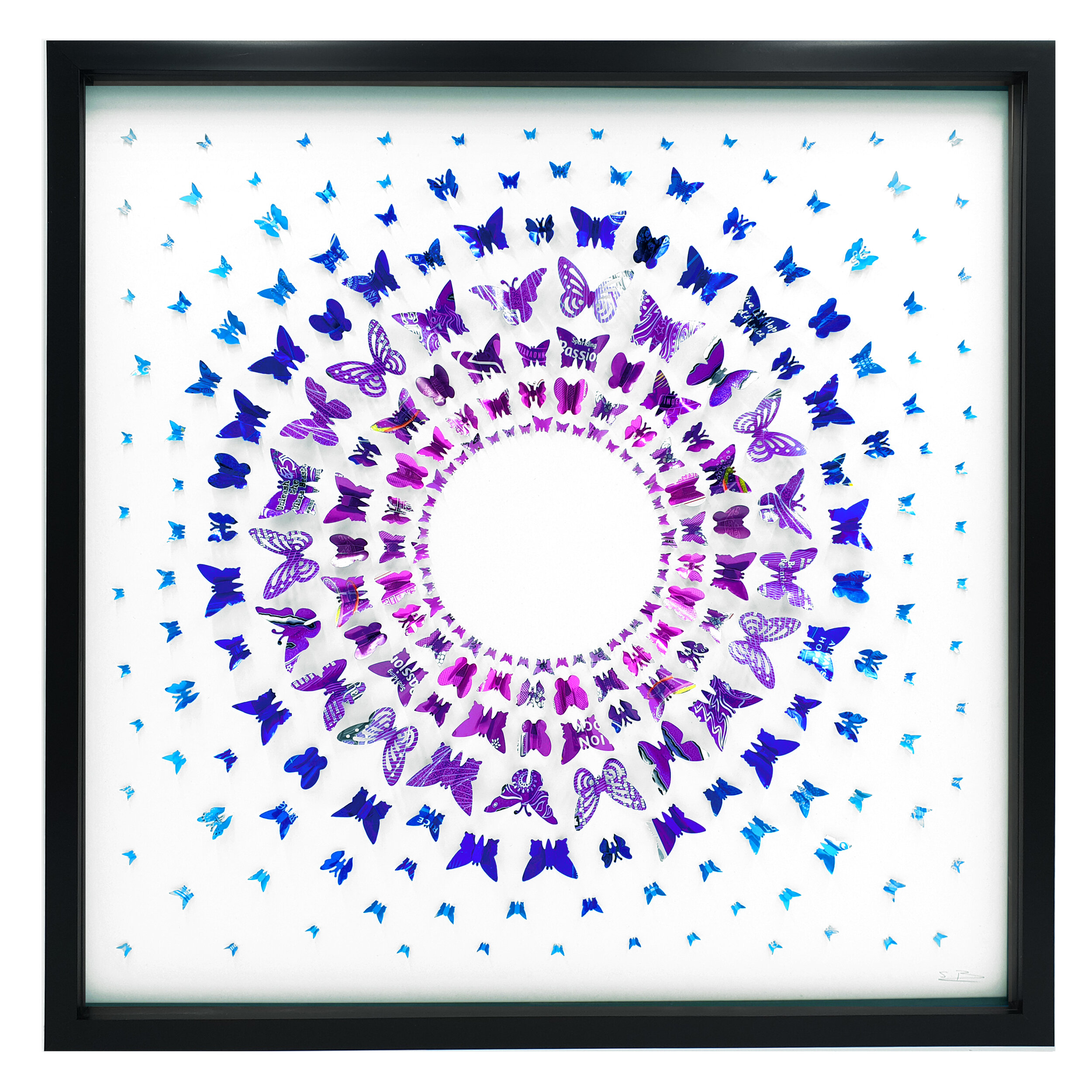 Purple/Blue Butterfly Circle upcycled can eco art black frame