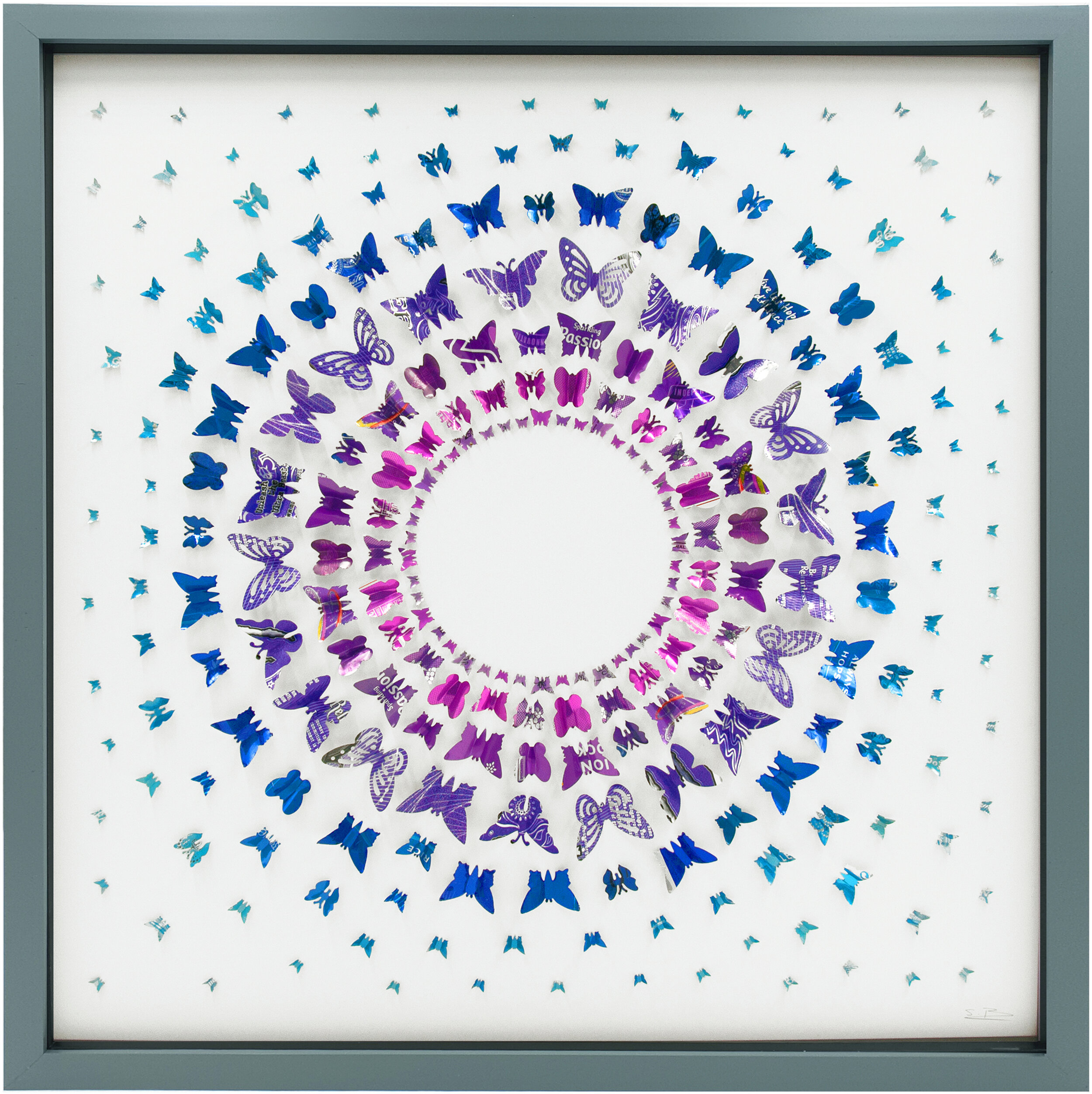 Purple/Blue Butterfly Circle upcycled can eco art grey frame