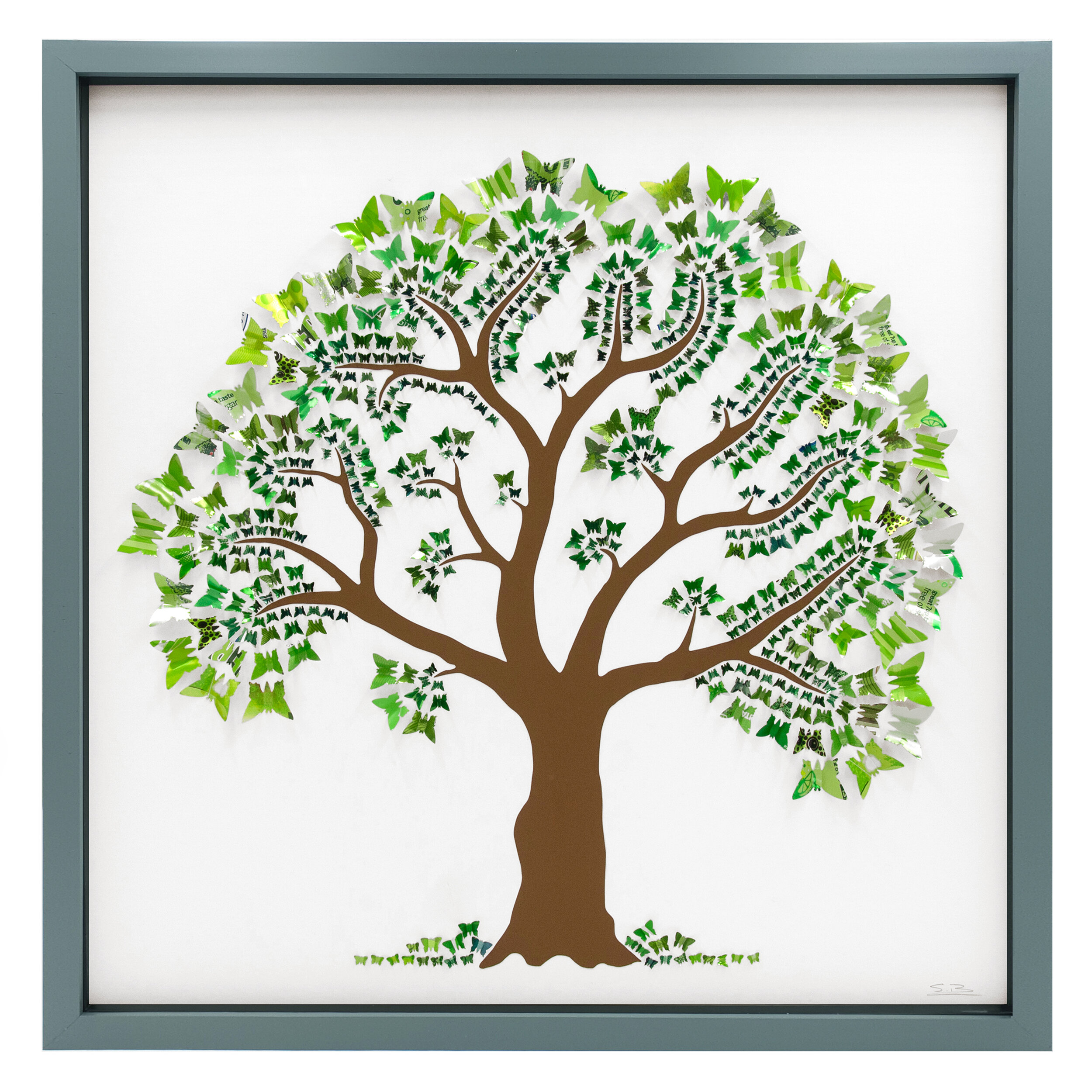 Summer Butterfly Tree green upcycled can sustainable wall art grey frame