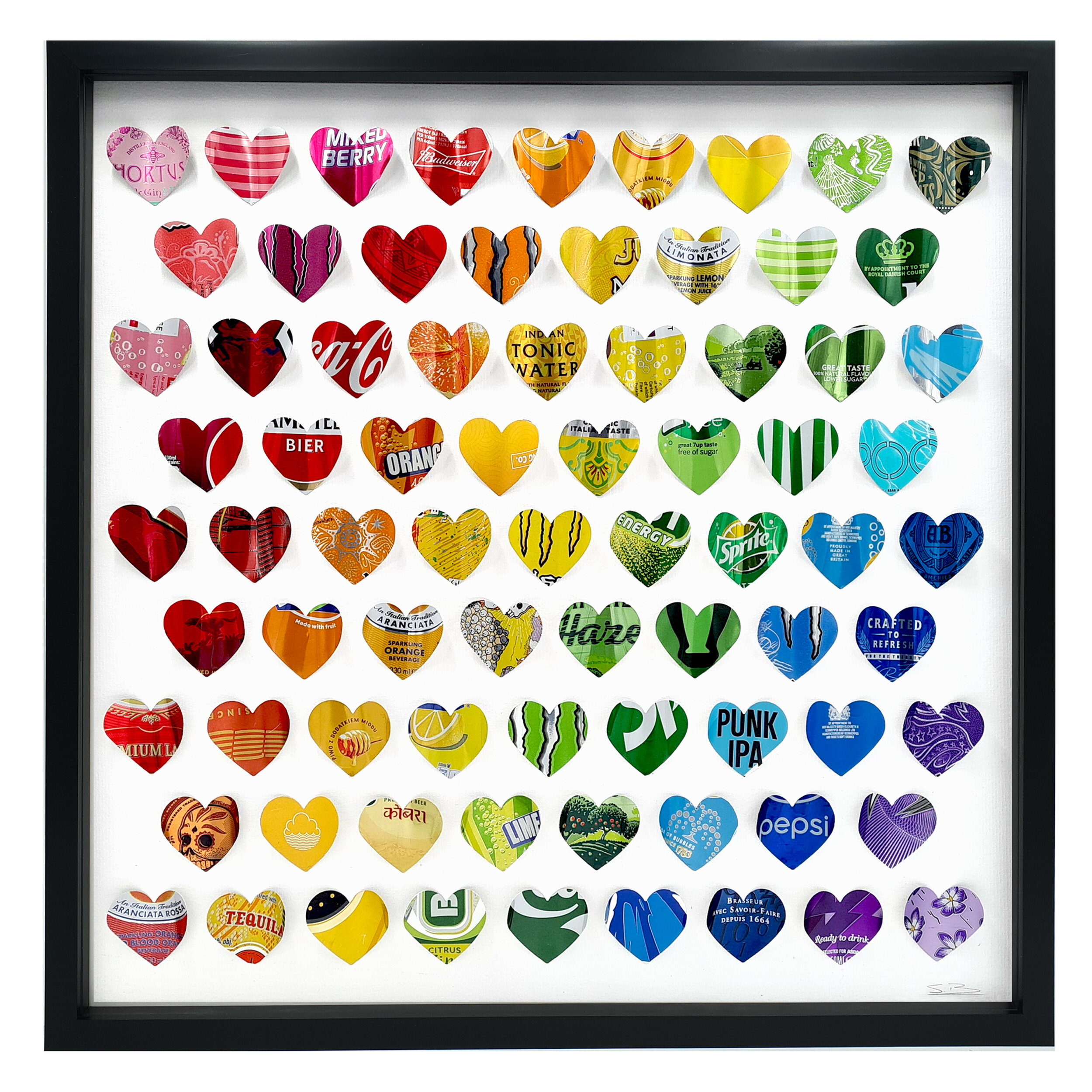 Rainbow Hearts curved heart wall art black frame