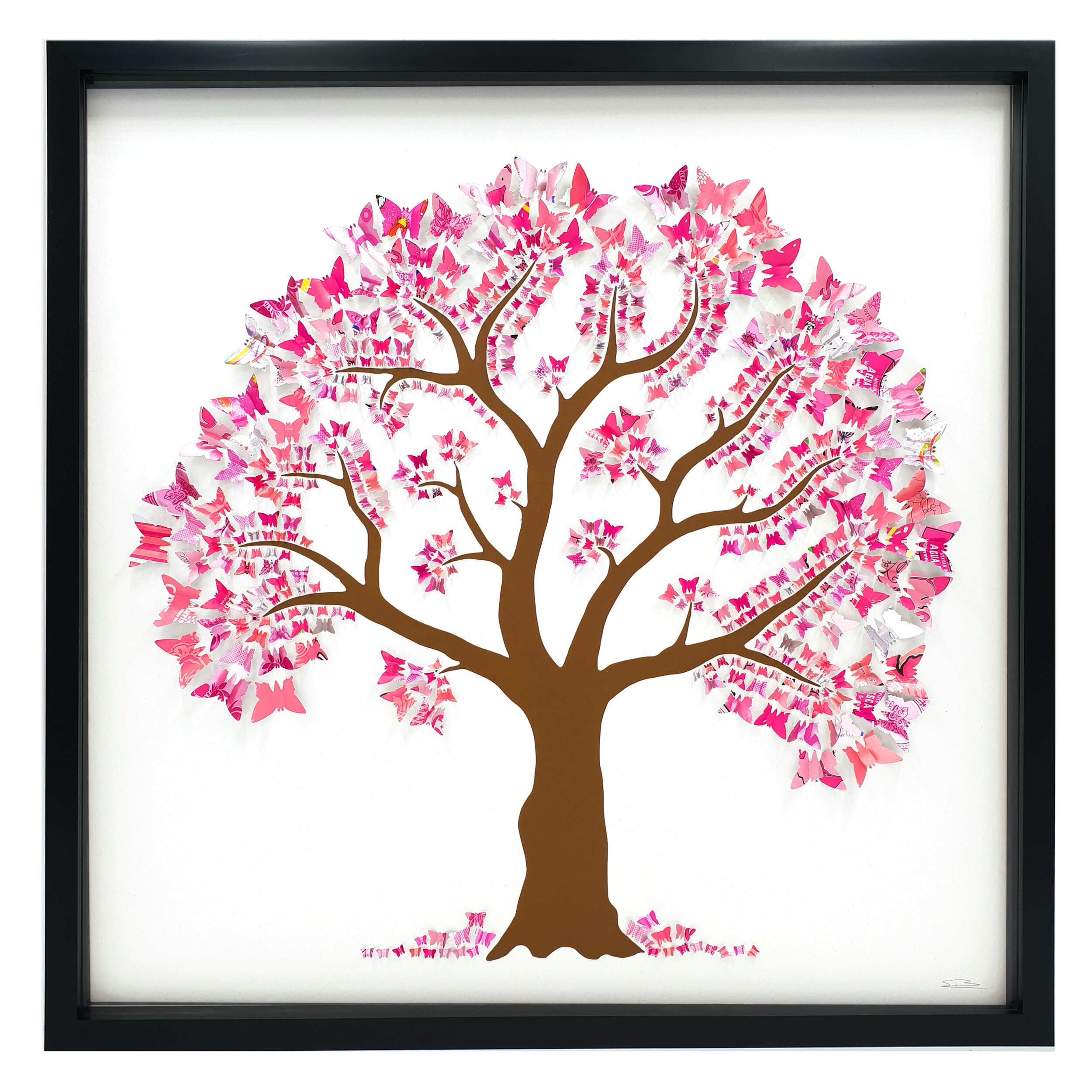 Spring Butterfly Tree pink upcycled can sustainable art black frame