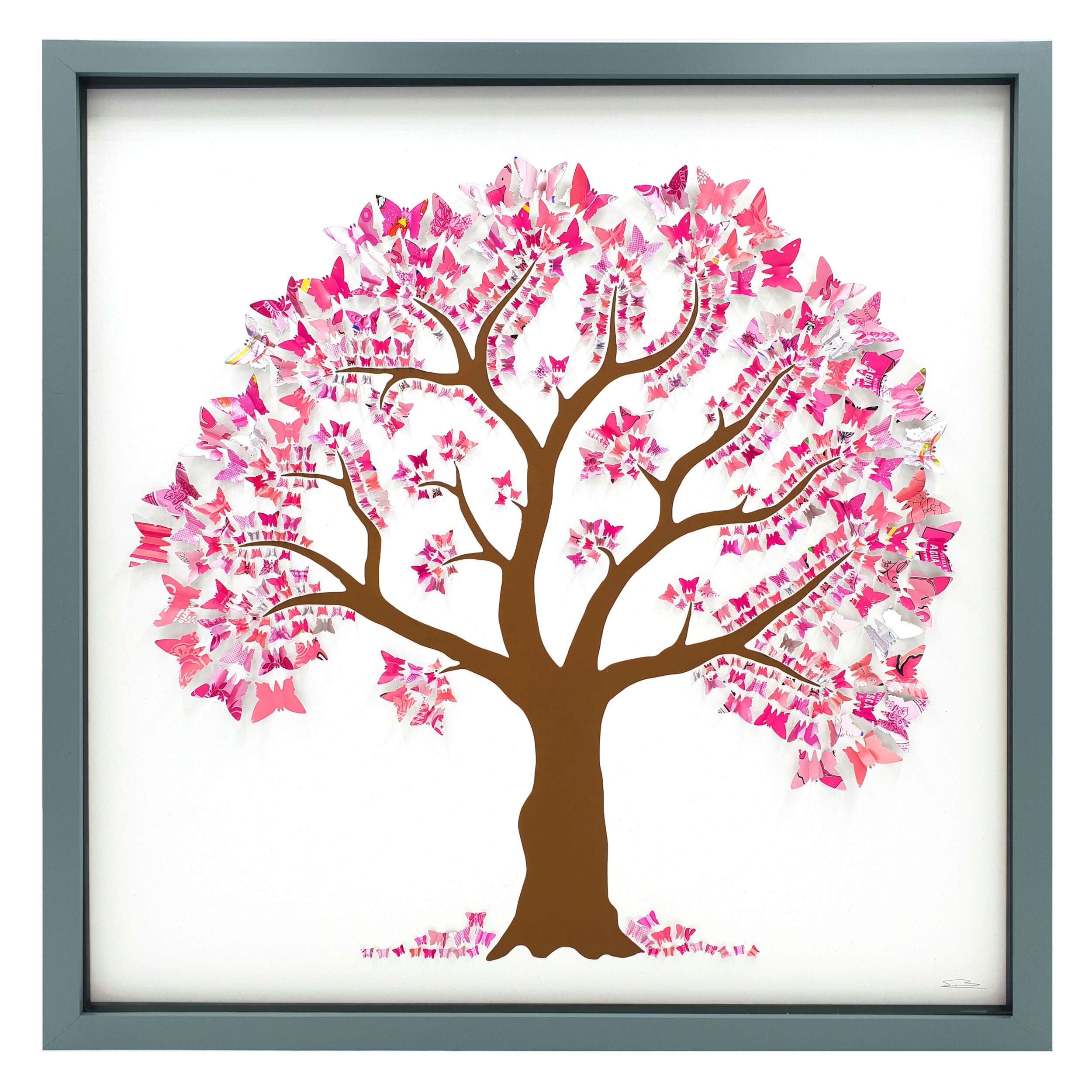 Spring Butterfly Tree pink upcycled can sustainable art grey frame