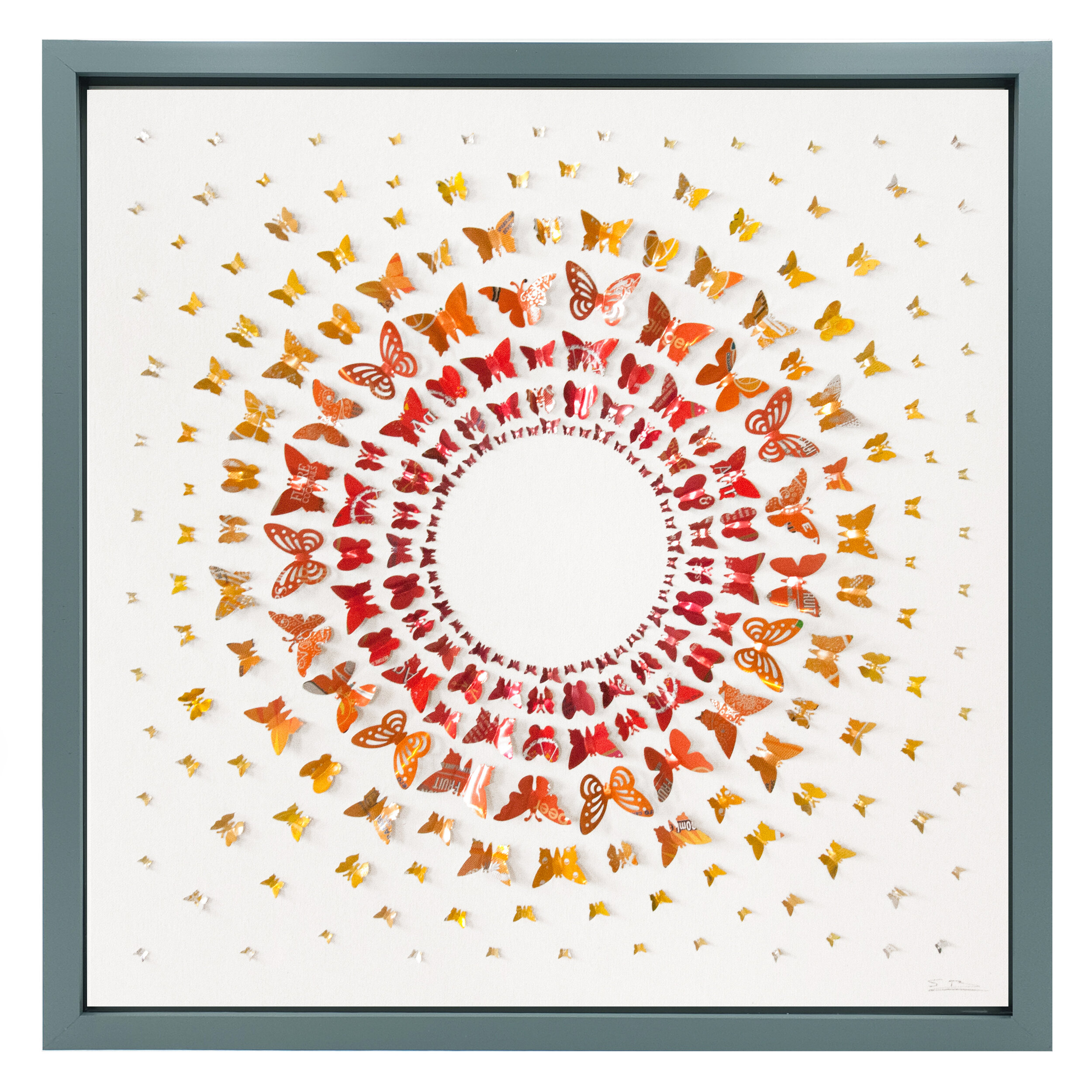 Orange/Yellow Butterfly Circle reused can house decoration grey frame 