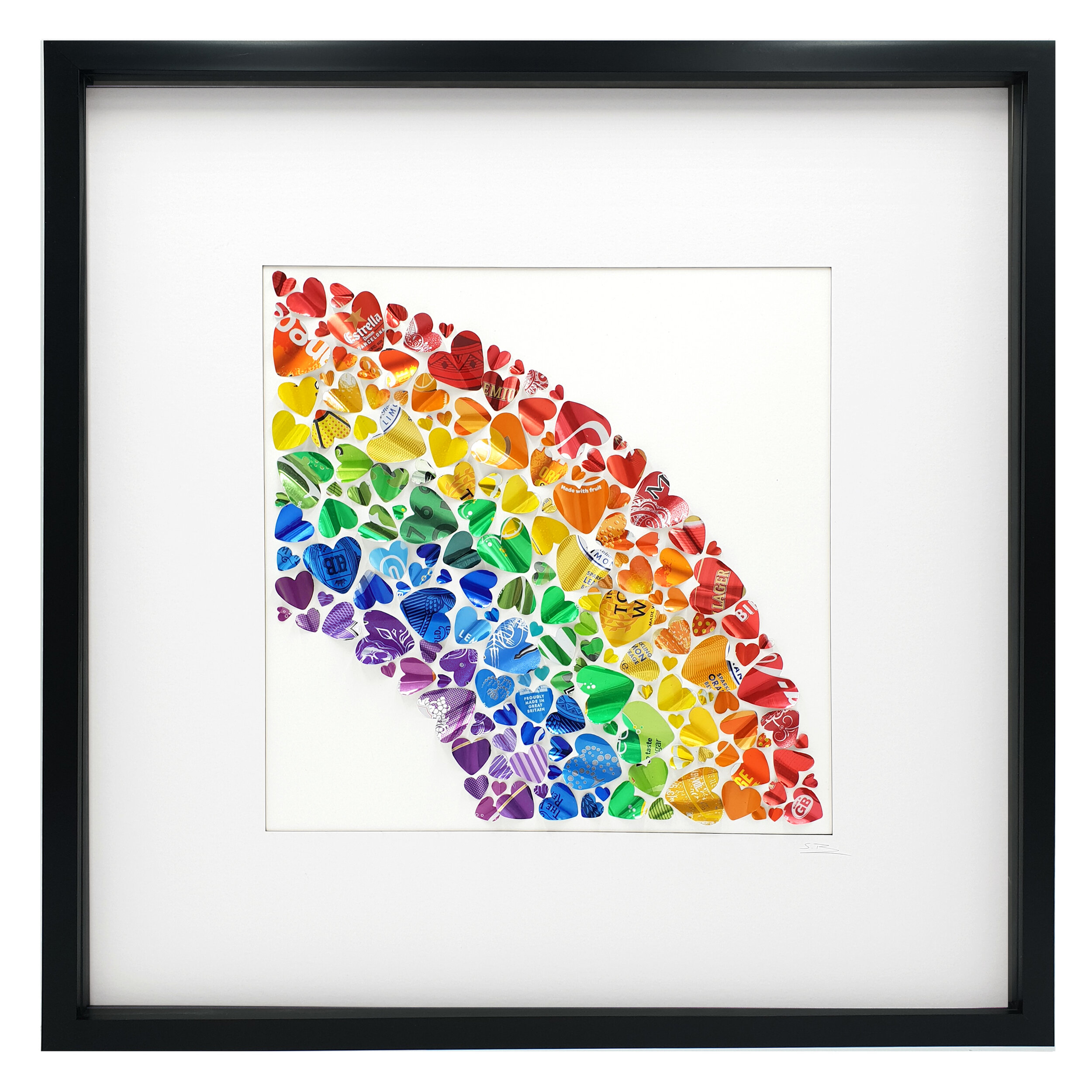 Over the Rainbow upcycled colourful heart pattern black frame
